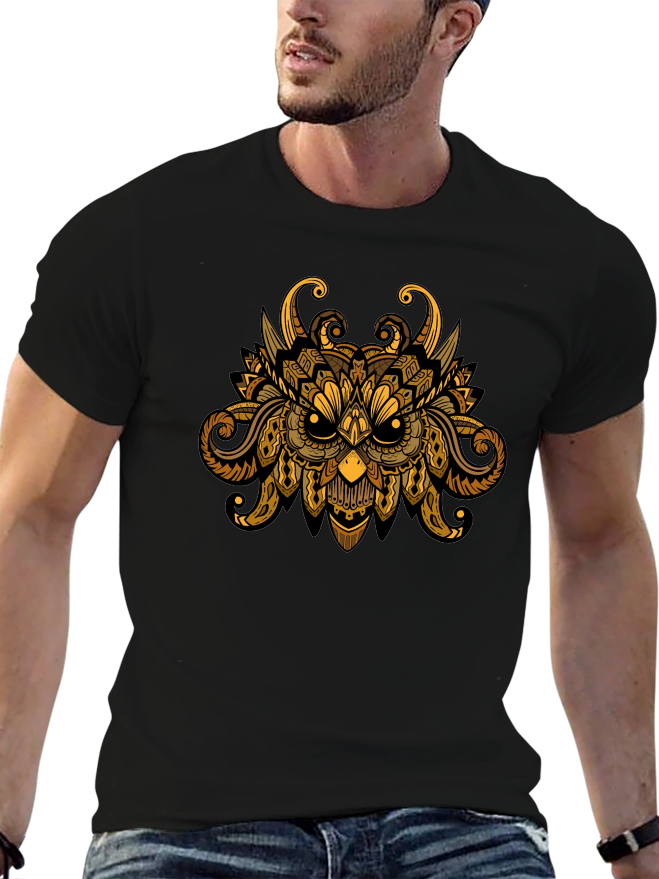 Owl Mandala Graphic Print Black T-Shirt