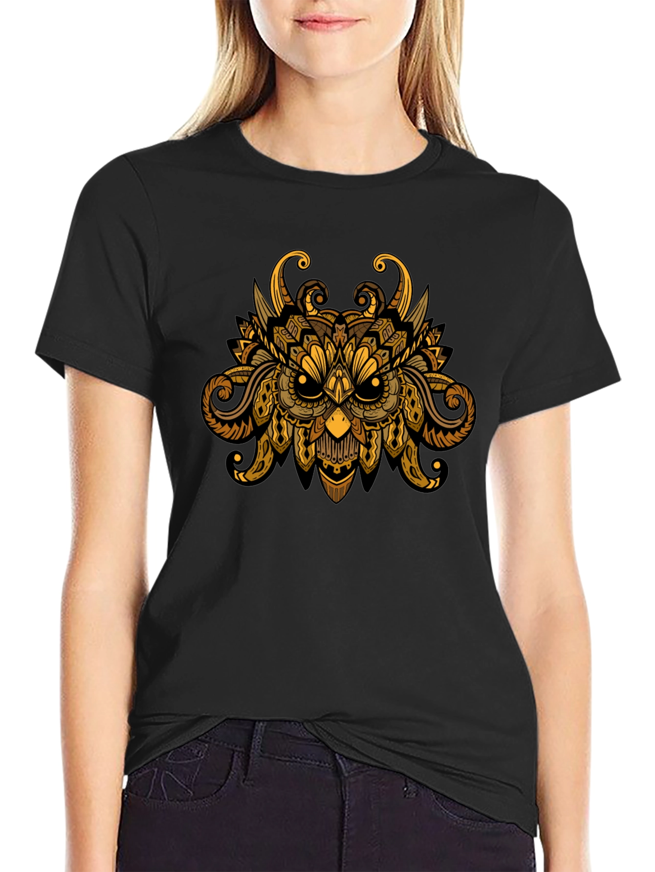 Owl Mandala Graphic Print Black T-Shirt