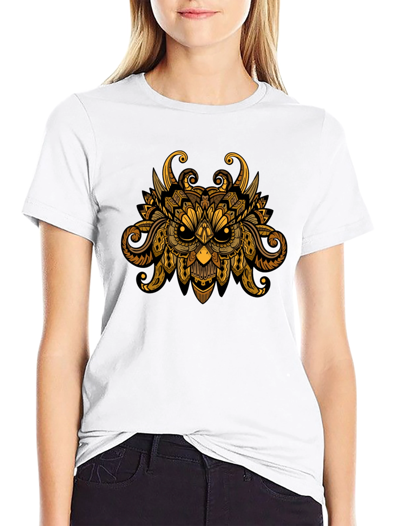 Owl Mandala Graphic Print Black T-Shirt