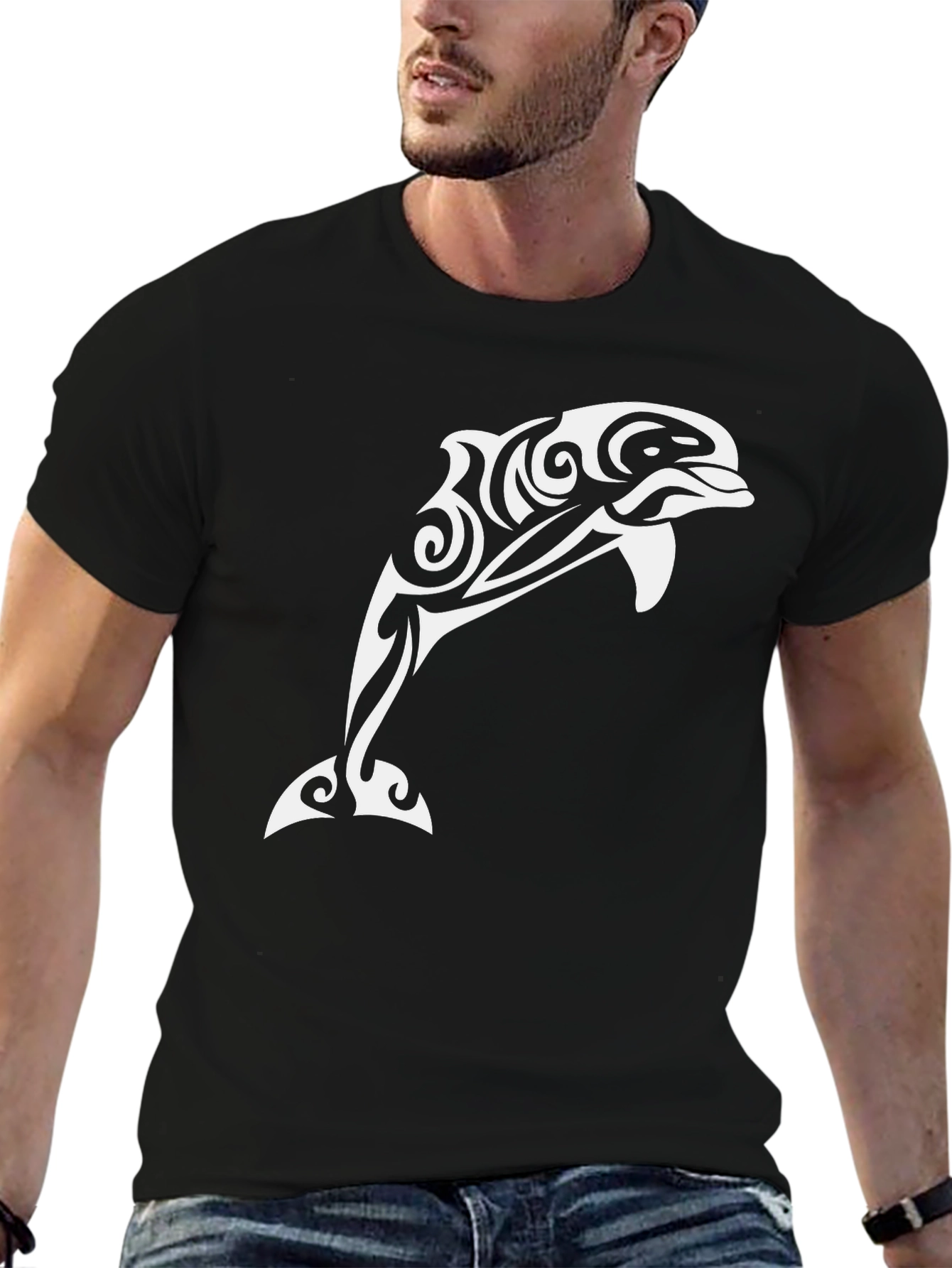 Tribal Dolphin Graphic Tee - Black Cotton Shirt