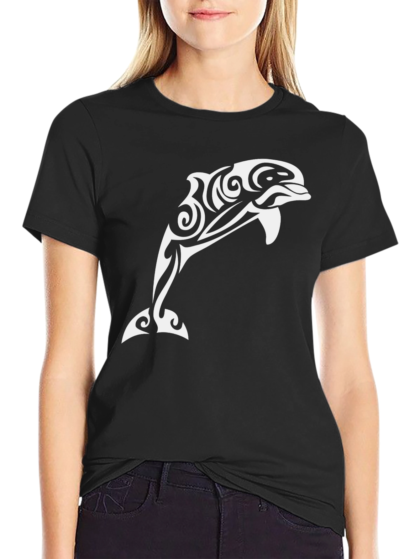 Tribal Dolphin Graphic Tee - Black Cotton Shirt