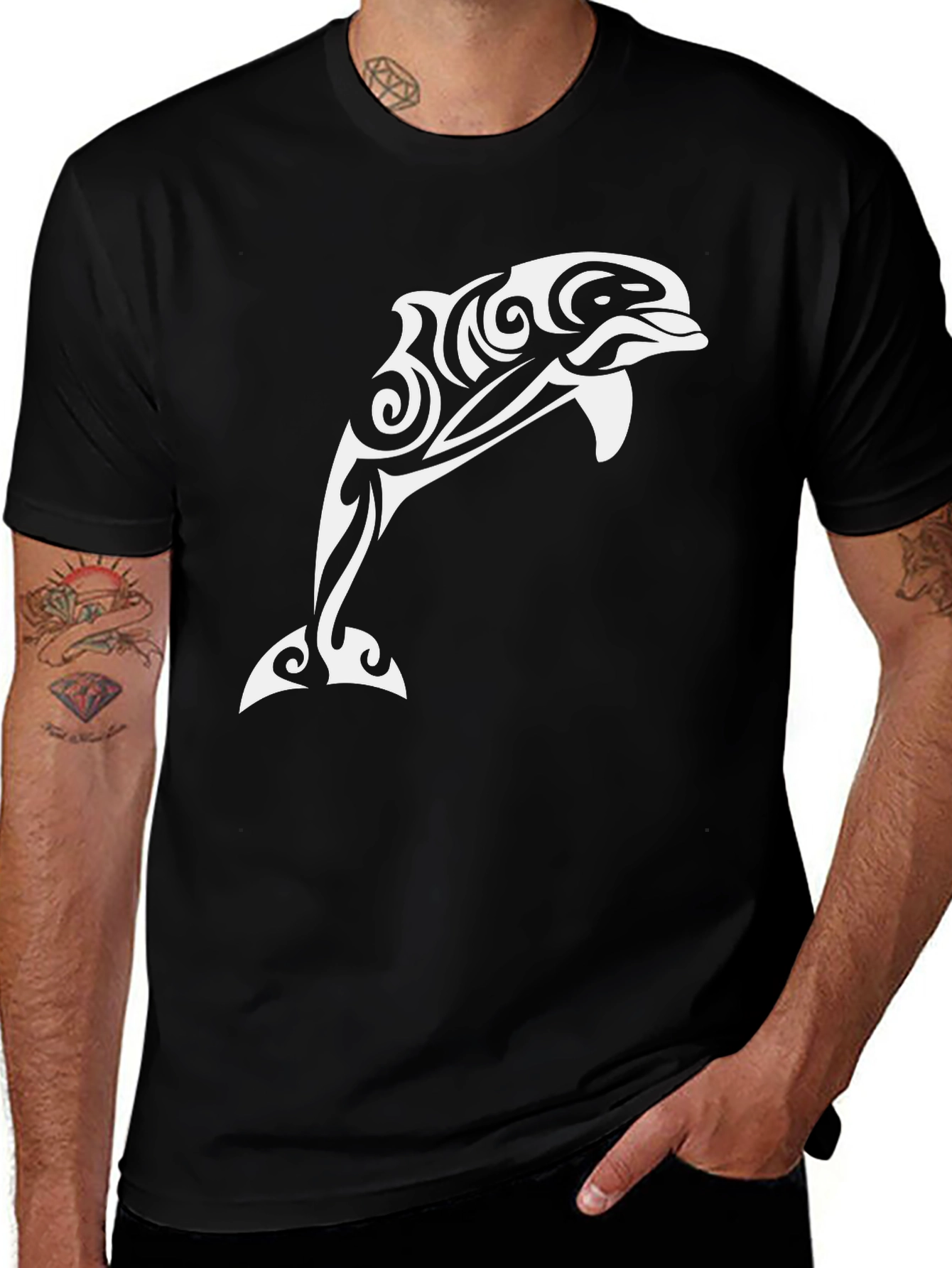Tribal Dolphin Graphic Tee - Black Cotton Shirt