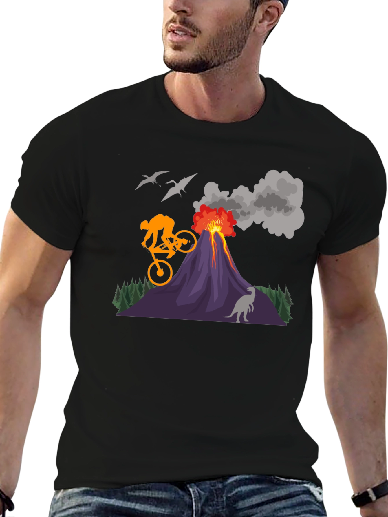 Volcano Bike Ride T-Shirt - Dinosaur & Adventure Design