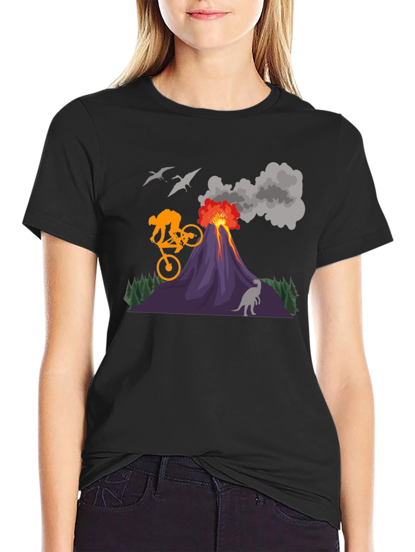 Volcano Bike Ride T-Shirt - Dinosaur & Adventure Design