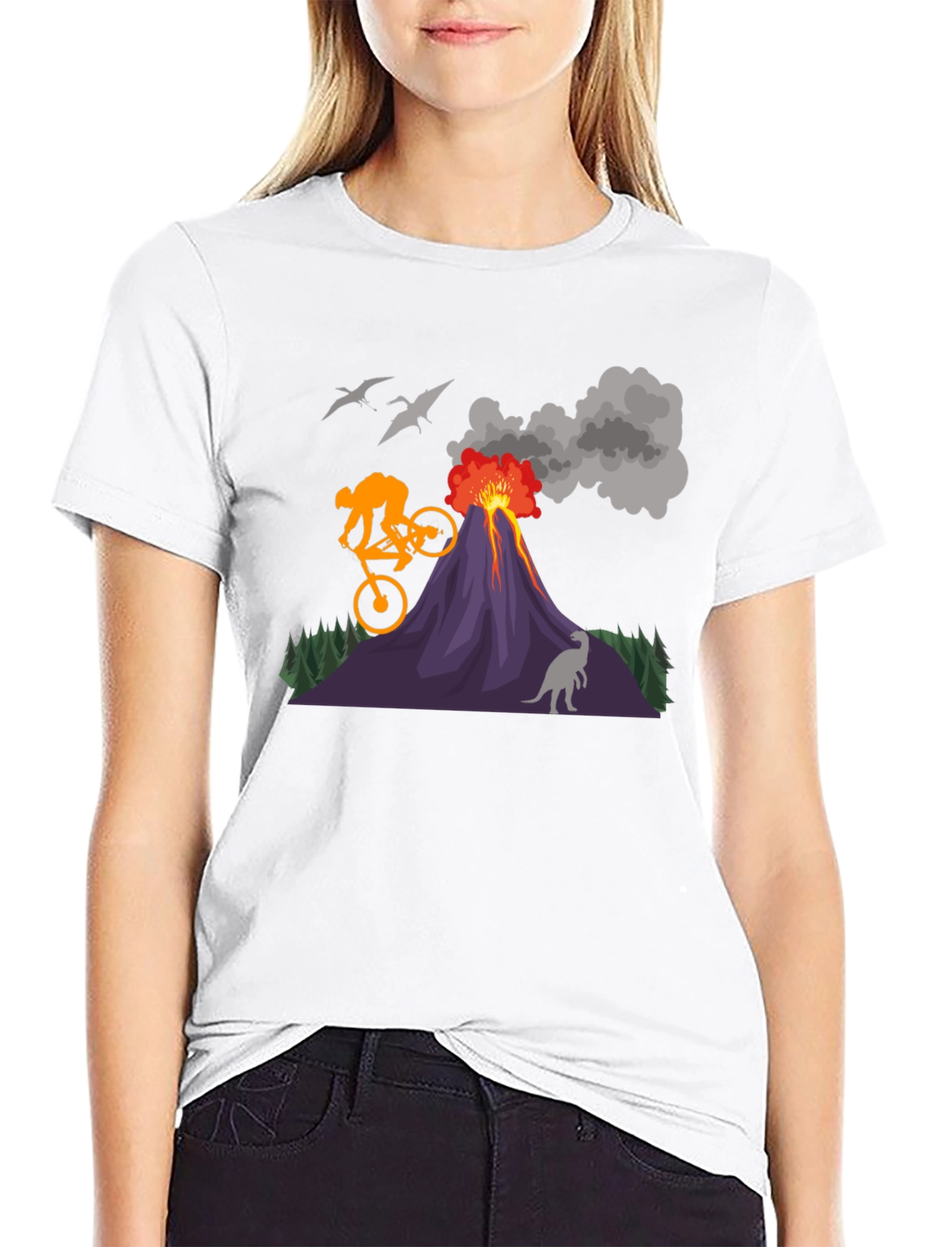 Volcano Bike Ride T-Shirt - Dinosaur & Adventure Design