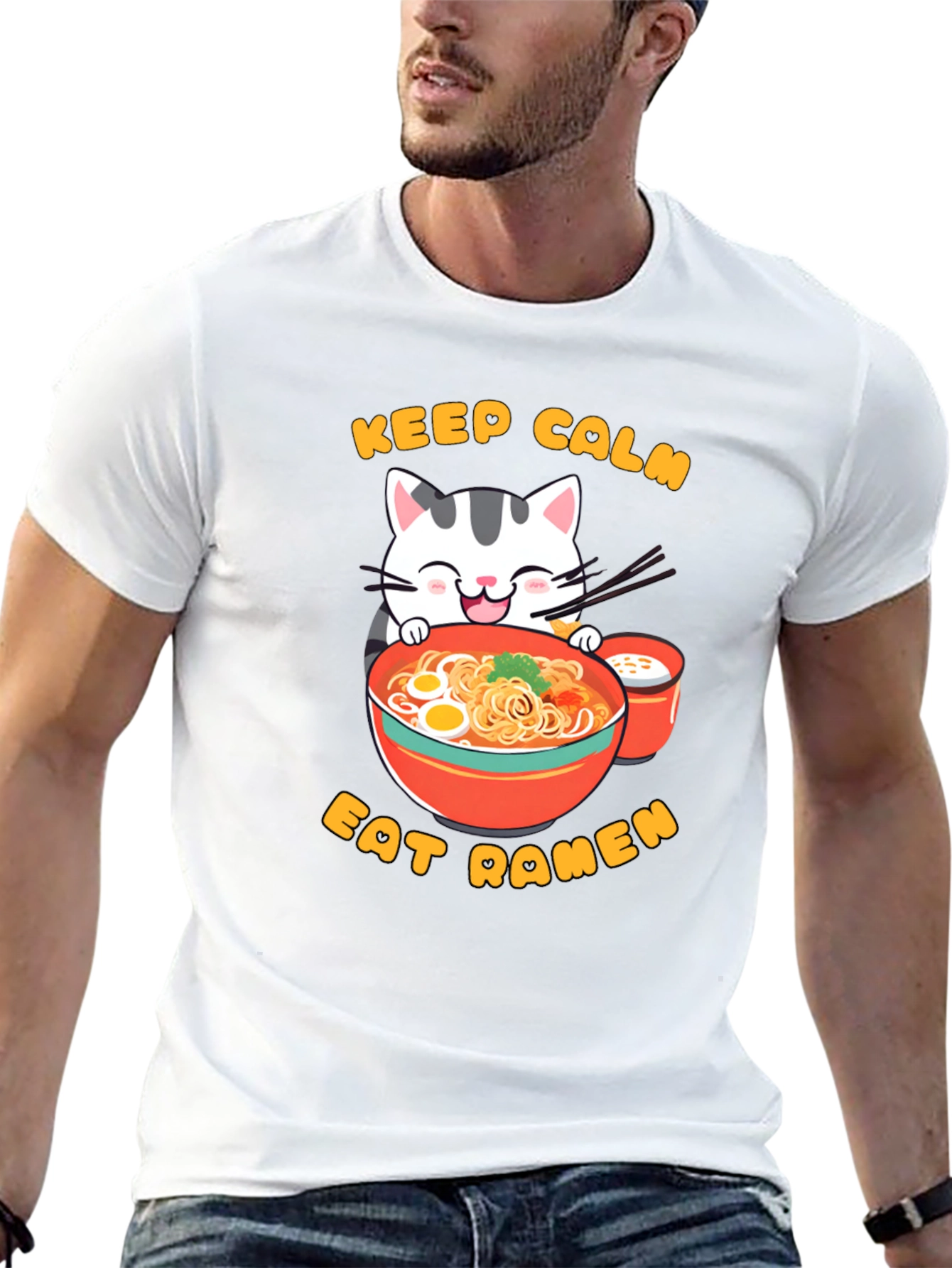 Keep Calm Eat Ramen Cat Graphic T-Shirt