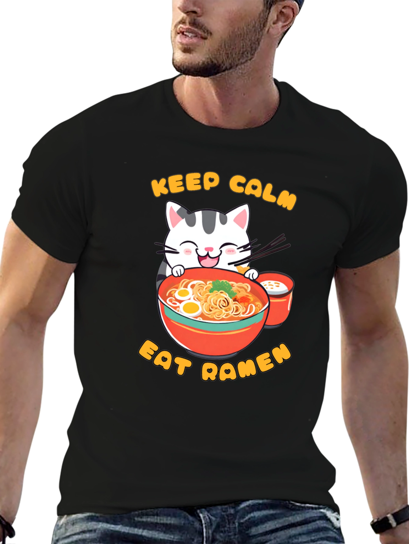 Keep Calm Eat Ramen Cat Graphic T-Shirt