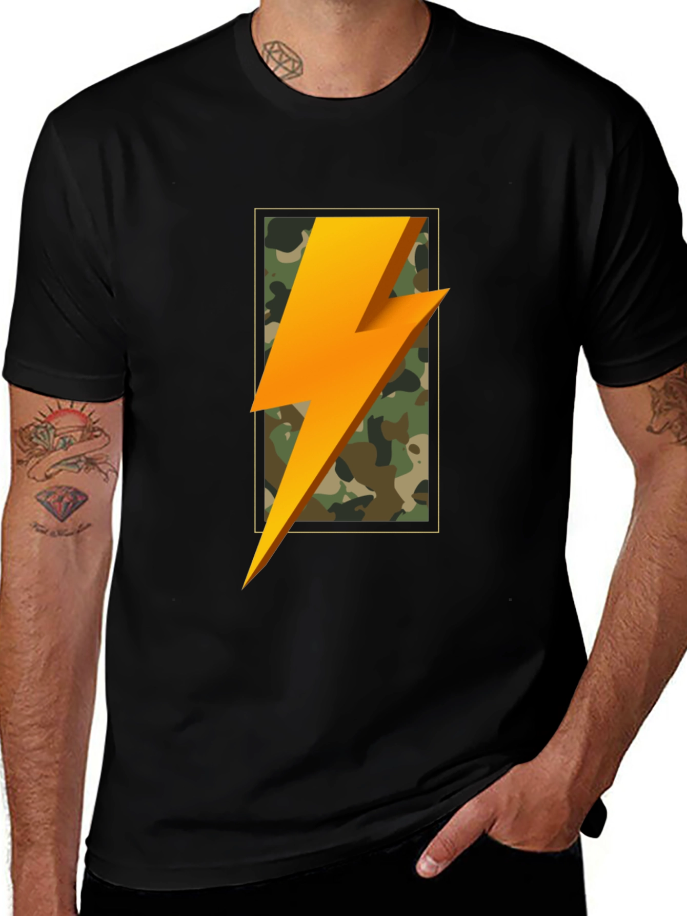 Lightning Bolt Camo Graphic Tee - Black Casual T-Shirt