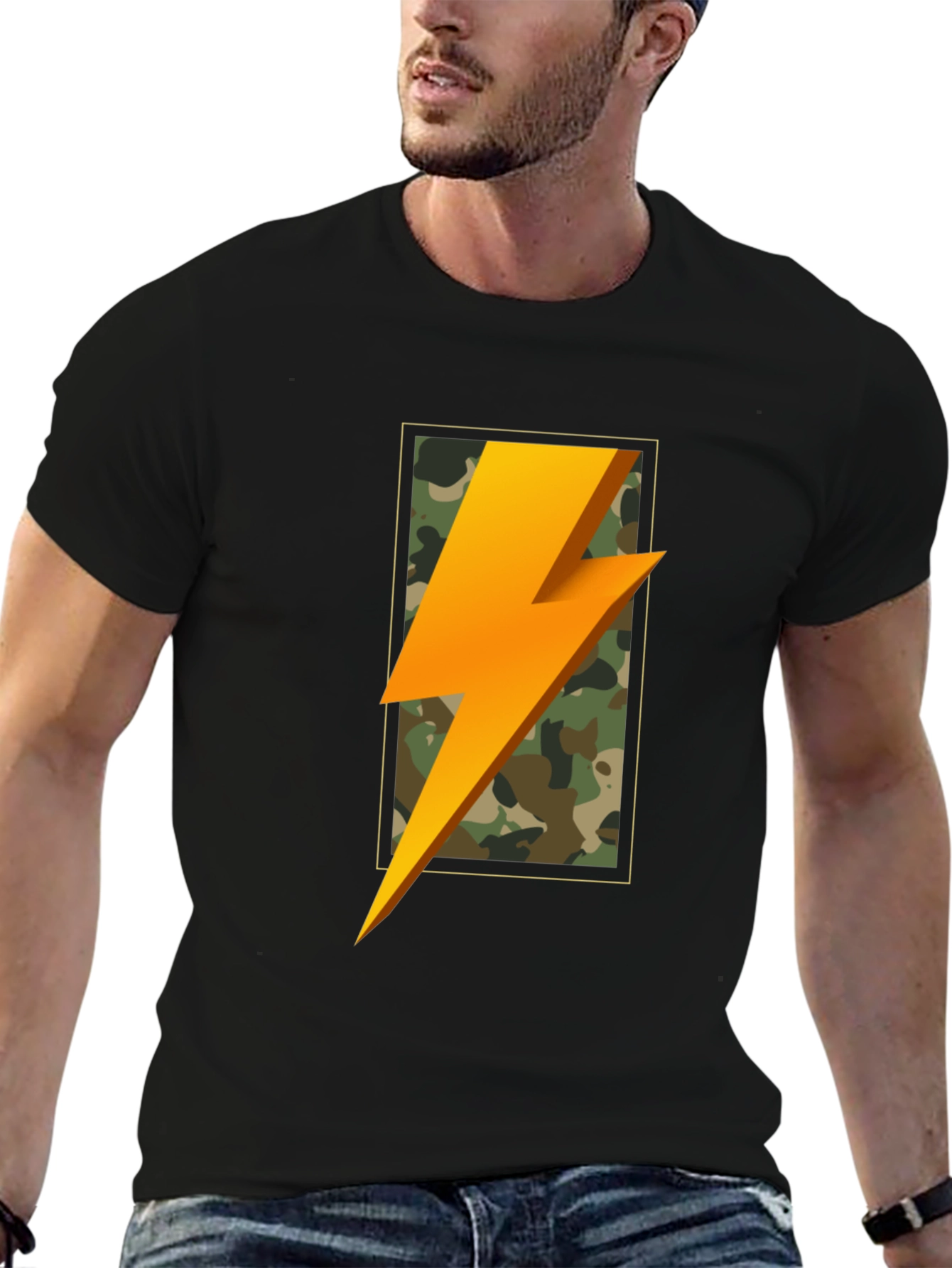 Lightning Bolt Camo Graphic Tee - Black Casual T-Shirt