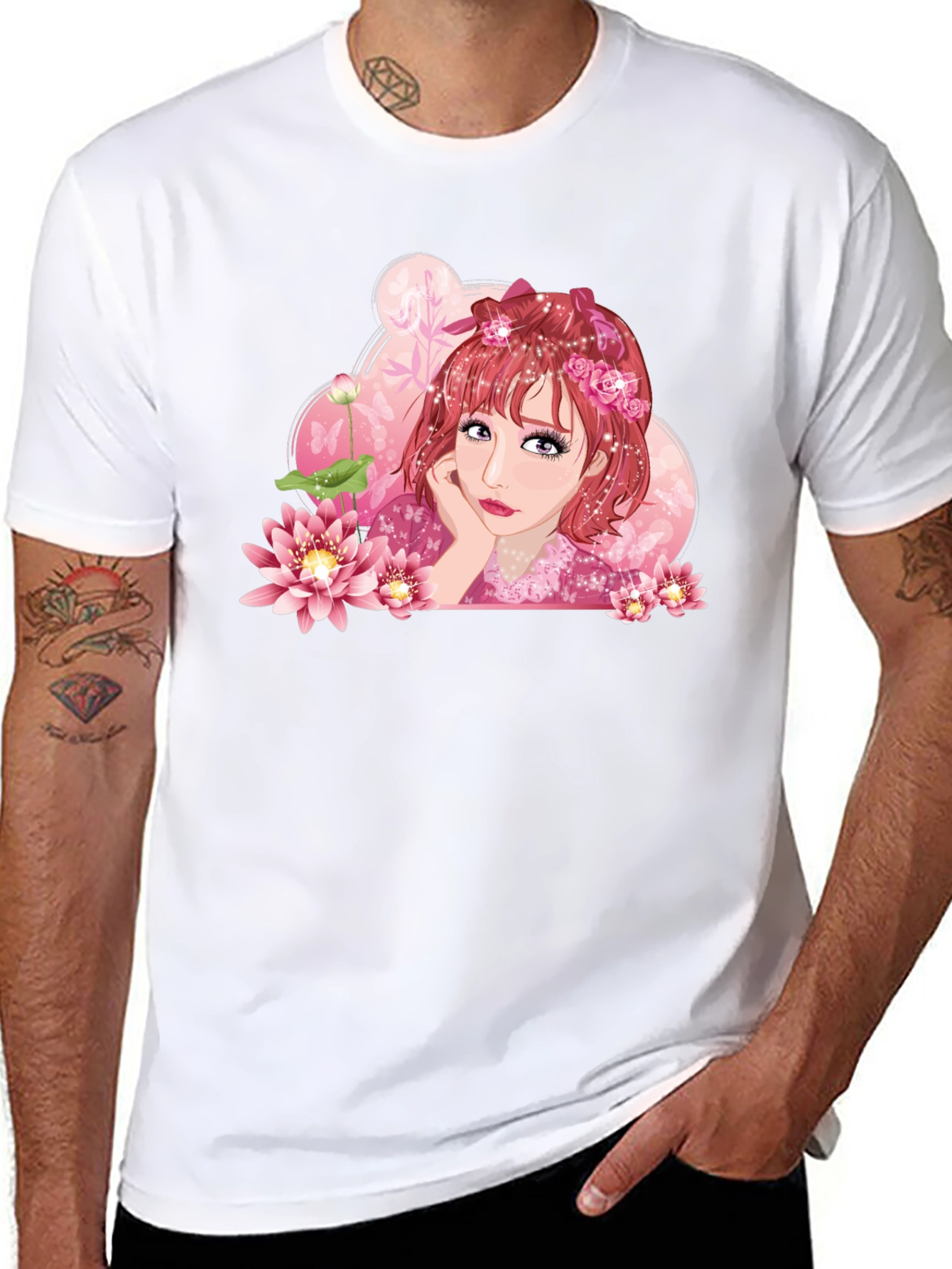 Anime Girl Lotus Black T-Shirt