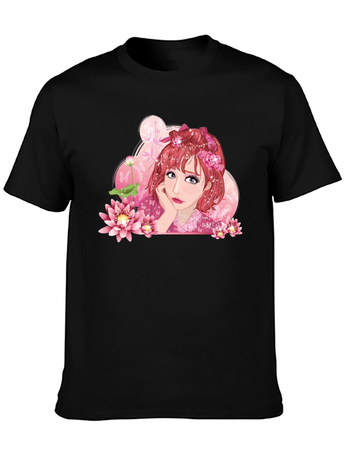 Anime Girl Lotus Black T-Shirt