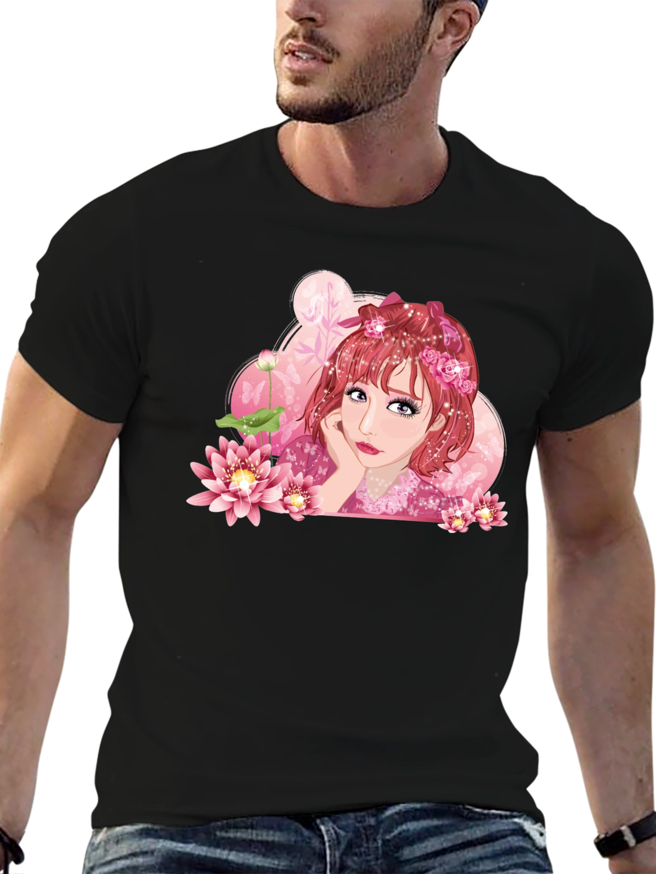 Anime Girl Lotus Black T-Shirt