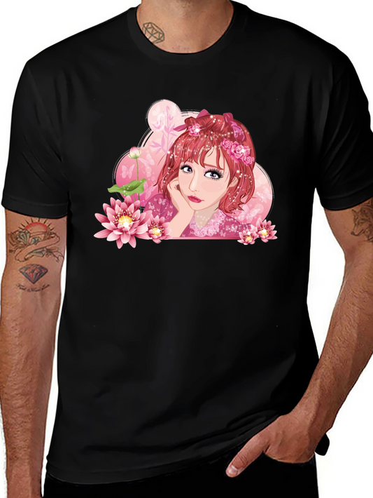 Anime Girl Lotus Black T-Shirt