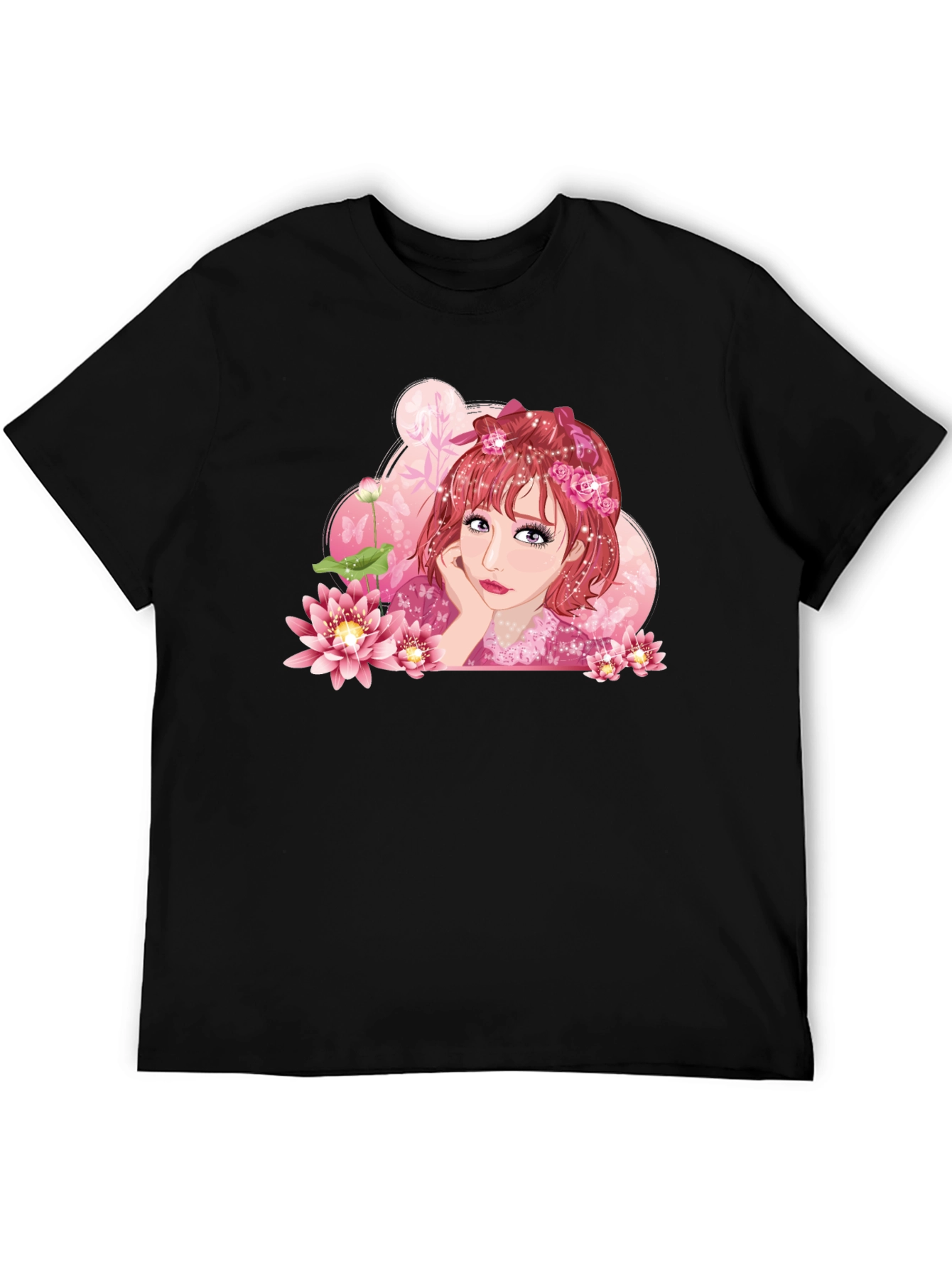 Anime Girl Lotus Black T-Shirt