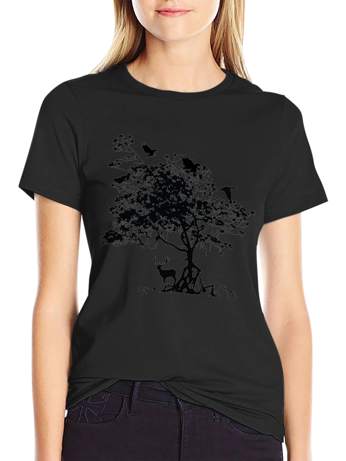 Mens Black T-Shirt with Deer and Raven Tree Design