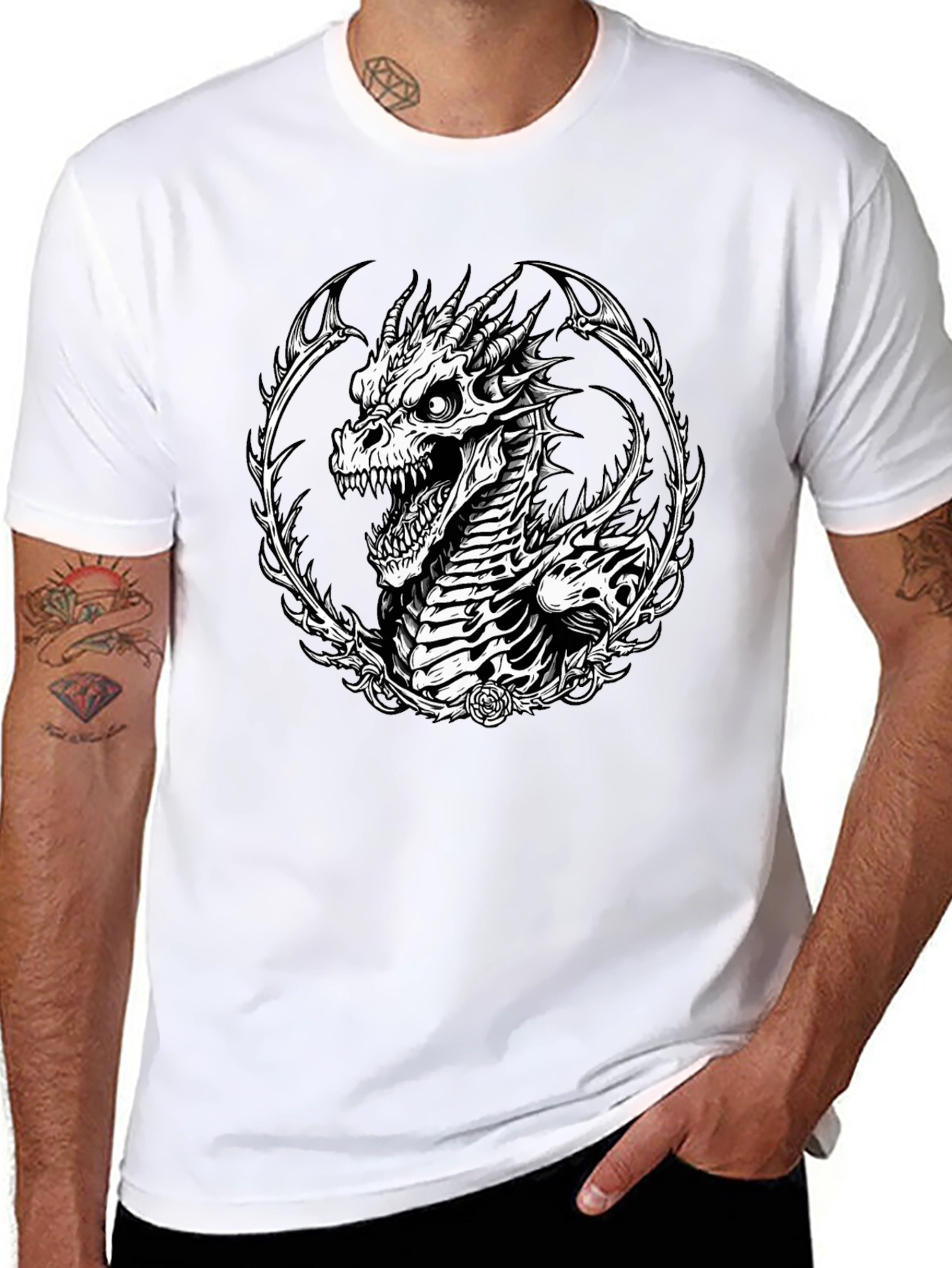 Dragon Skeleton Graphic Tee - Black Cotton T-Shirt