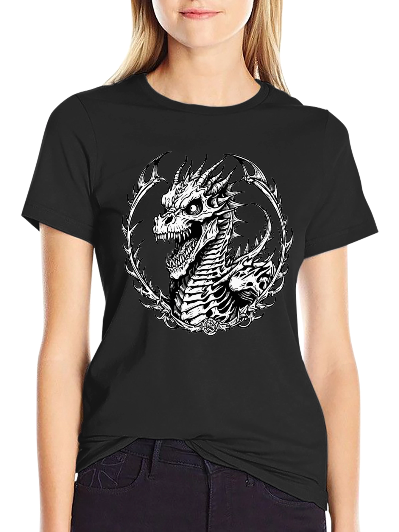 Dragon Skeleton Graphic Tee - Black Cotton T-Shirt