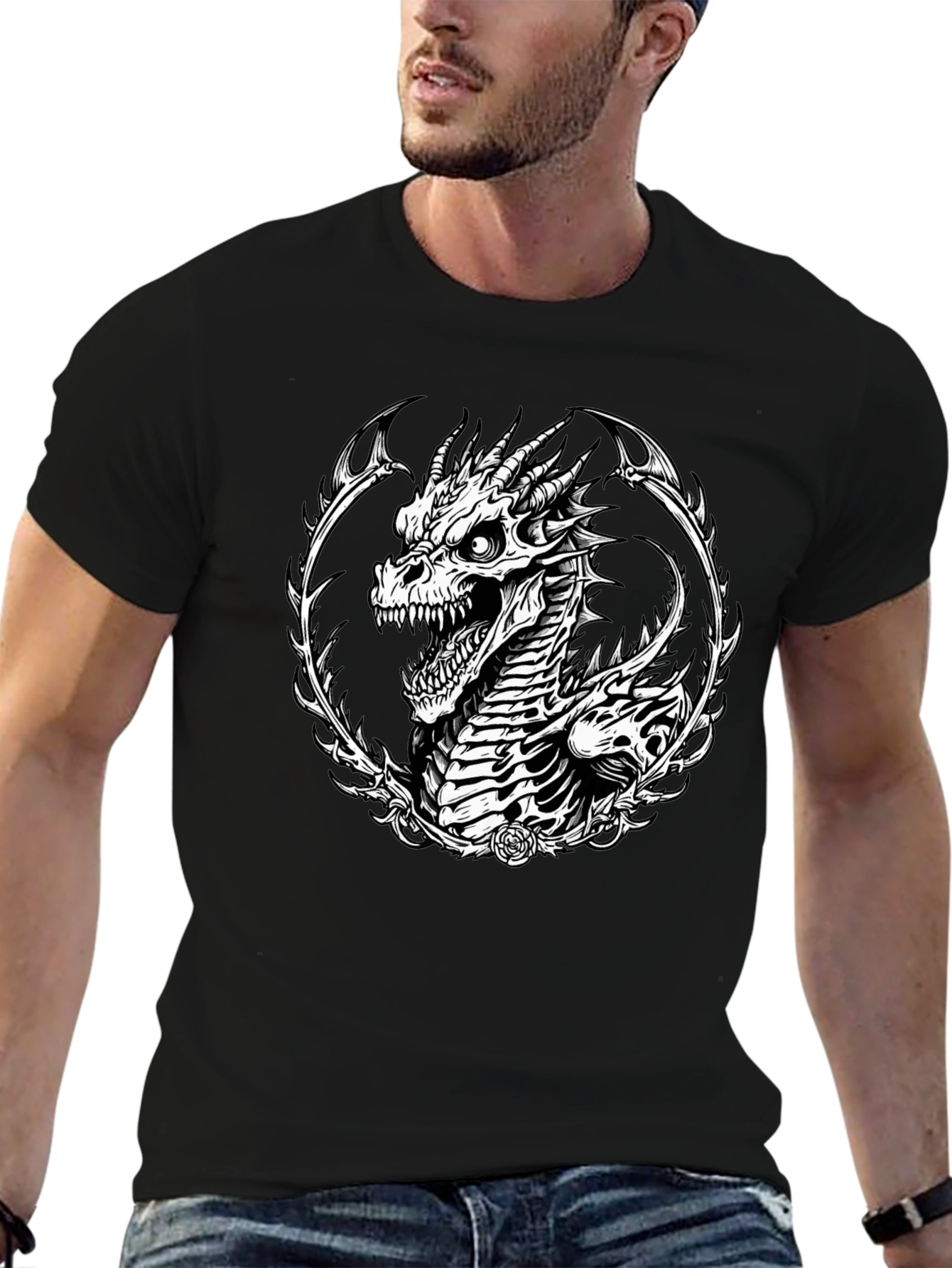 Dragon Skeleton Graphic Tee - Black Cotton T-Shirt