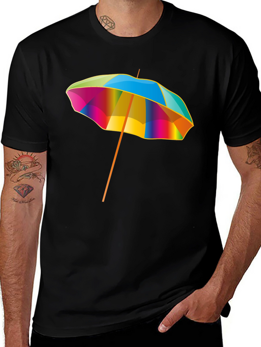 Mens Black T-Shirt with Colorful Beach Umbrella Graphic