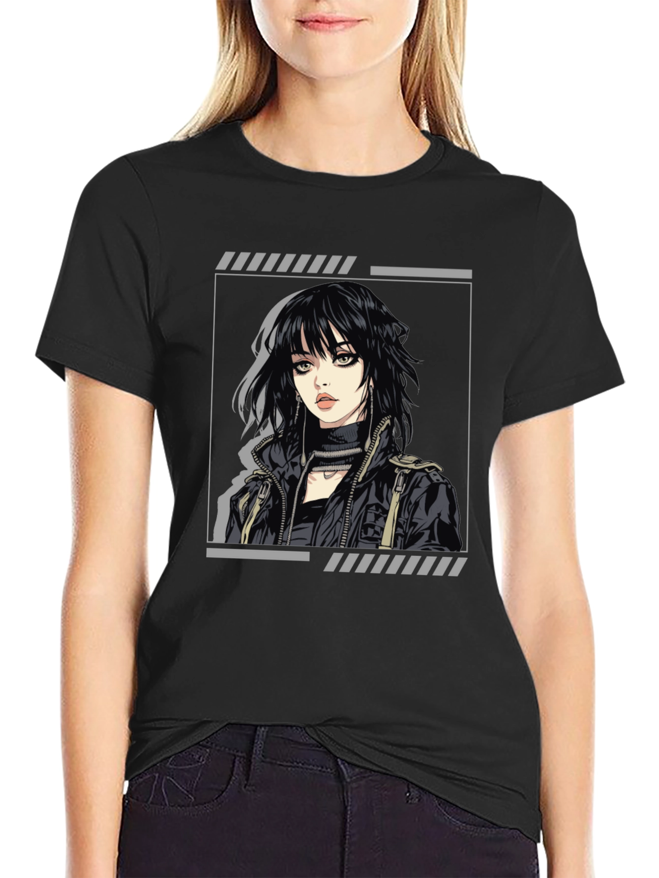 Edgy Anime Girl Graphic Black T-Shirt