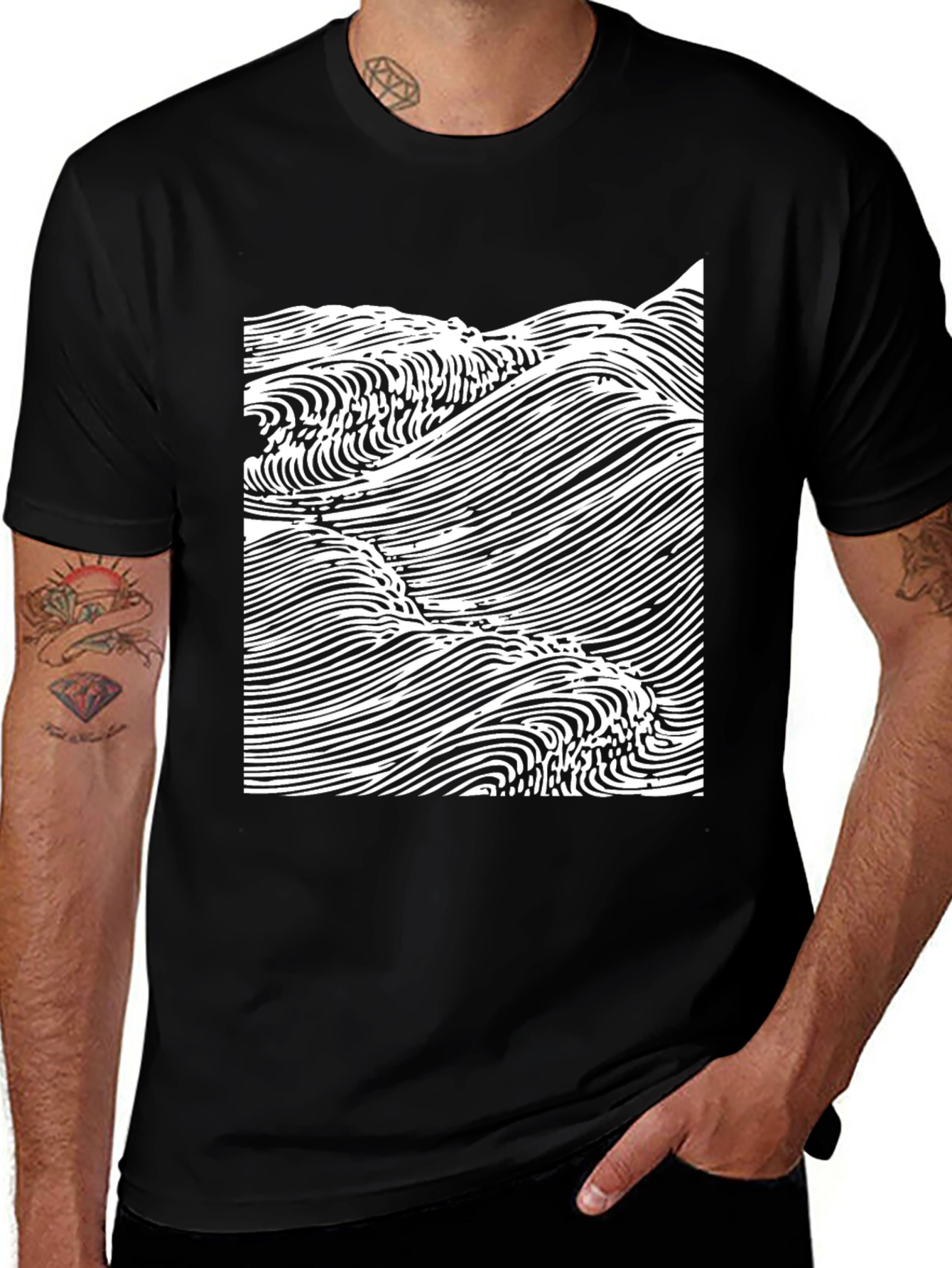 Abstract Wave Graphic Tee - Black