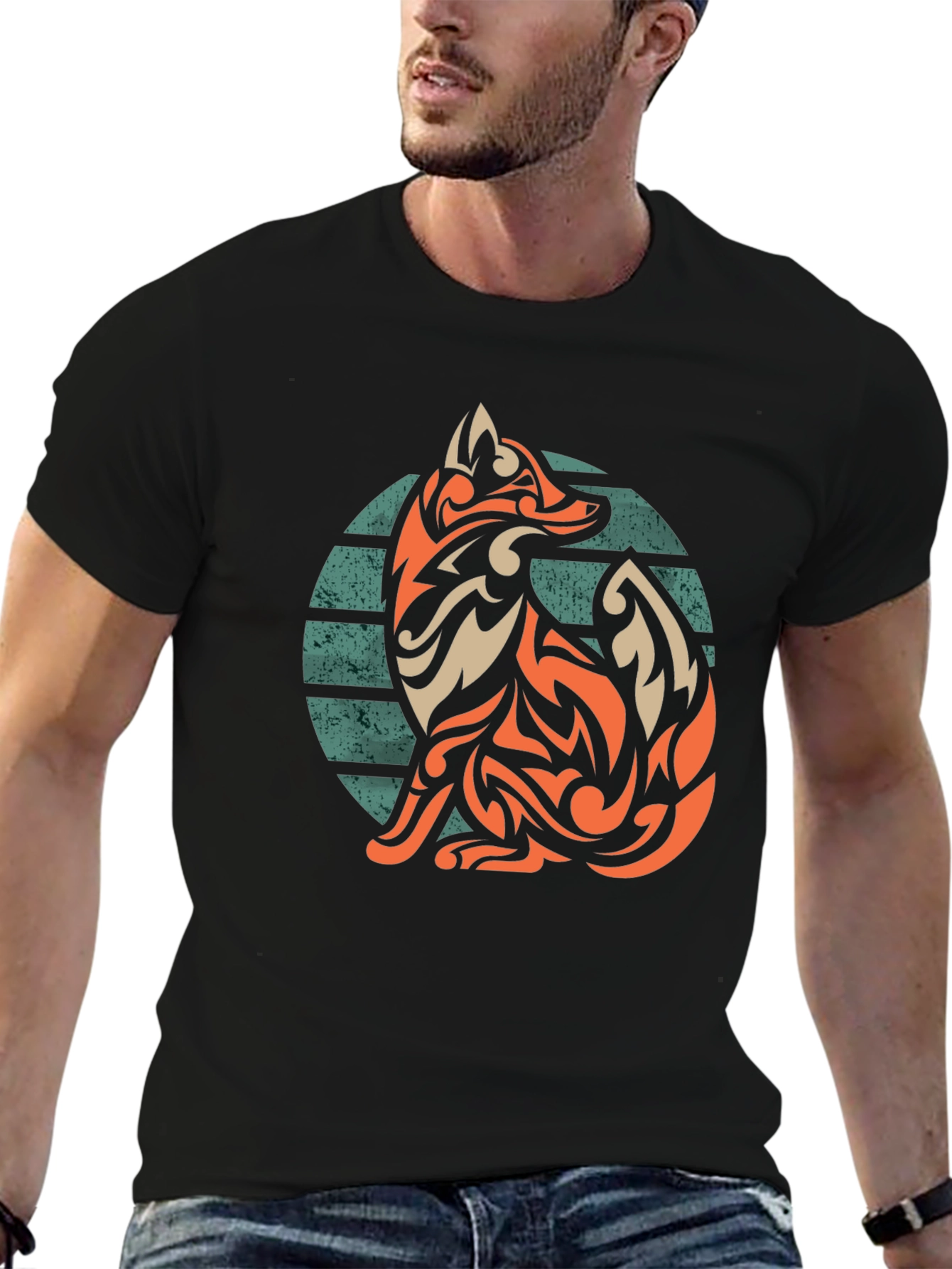 Tribal Fox Graphic Tee - Stylish Mens Black T-Shirt