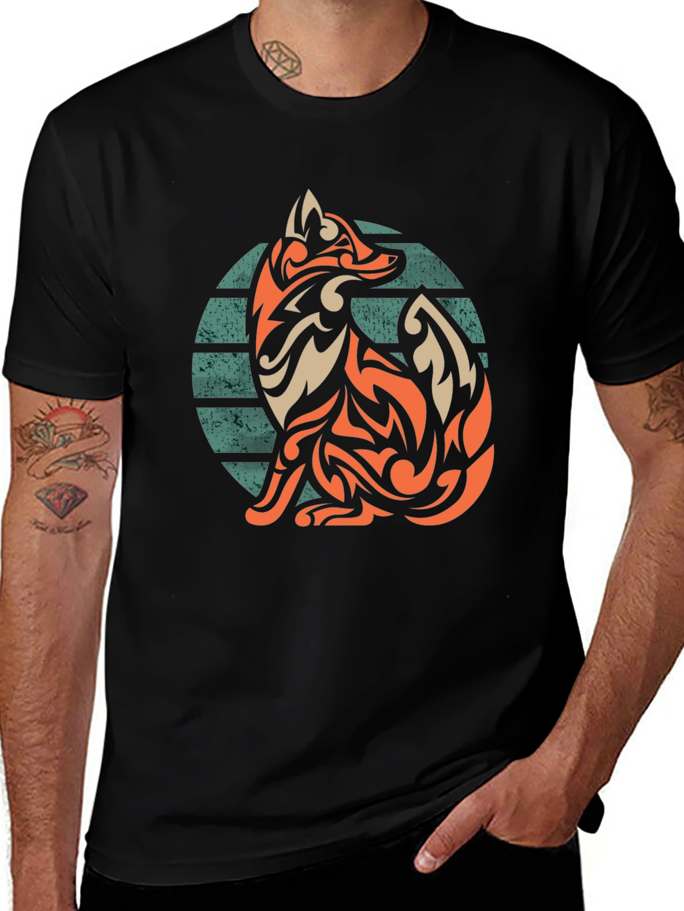 Tribal Fox Graphic Tee - Stylish Mens Black T-Shirt