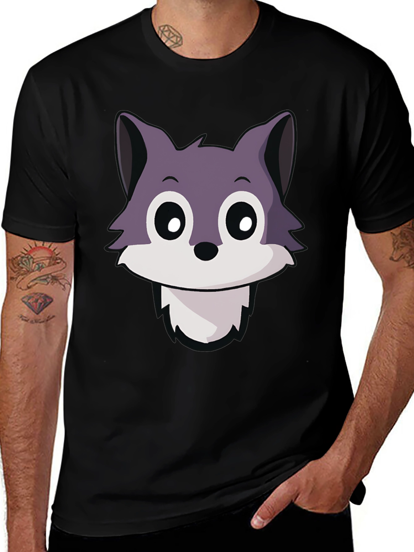Cute Wolf Cartoon T-Shirt - Black Crew Neck