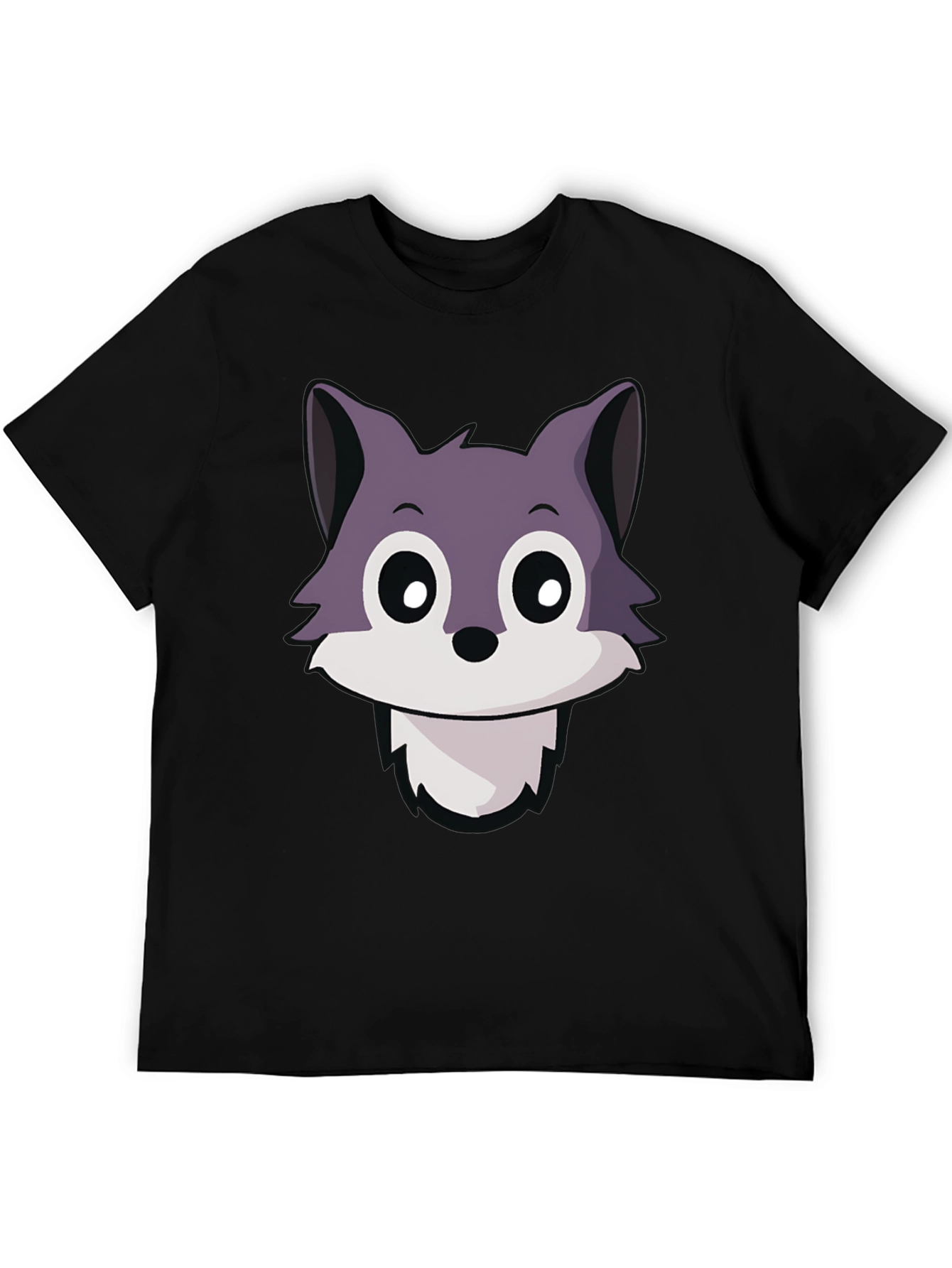 Cute Wolf Cartoon T-Shirt - Black Crew Neck