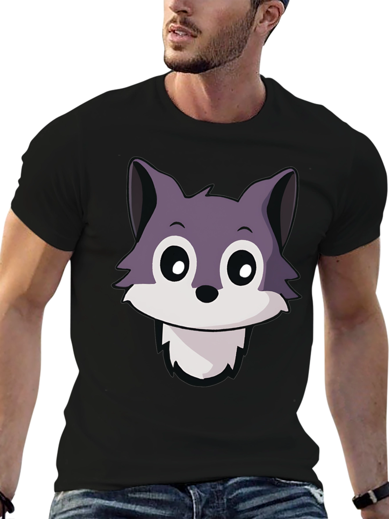 Cute Wolf Cartoon T-Shirt - Black Crew Neck