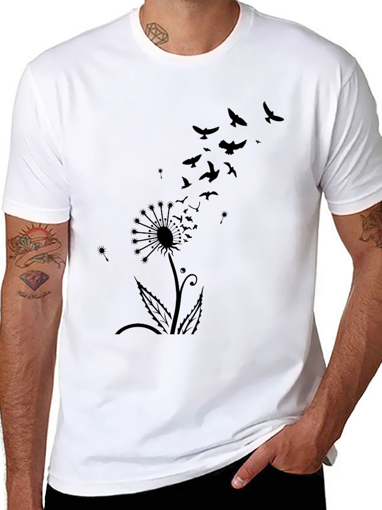 Mens Black Dandelion Bird Graphic Tee