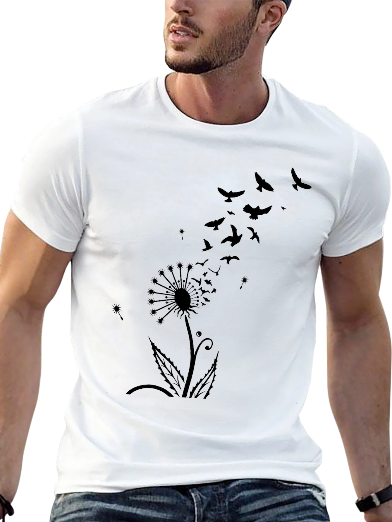 Mens Black Dandelion Bird Graphic Tee
