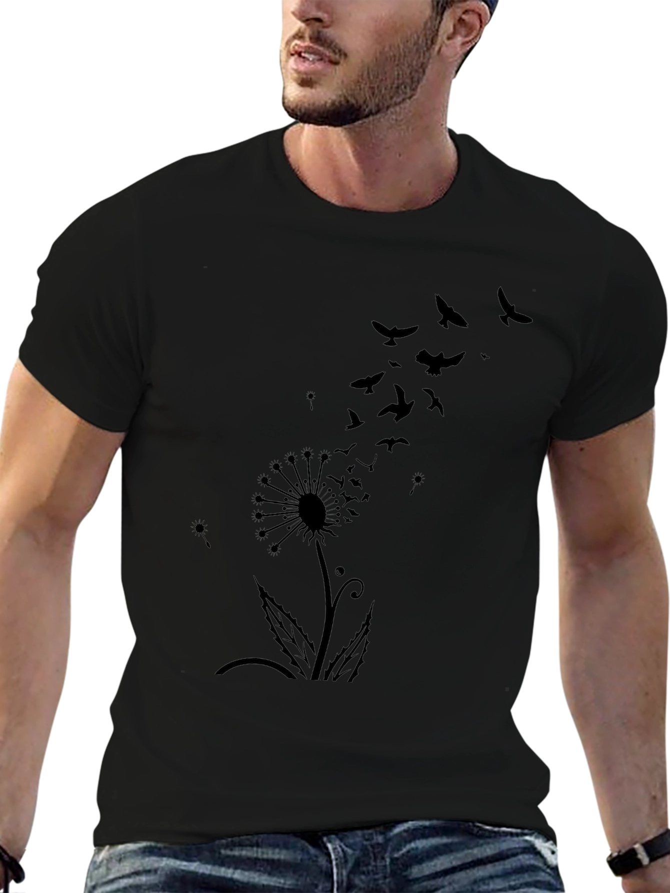 Mens Black Dandelion Bird Graphic Tee