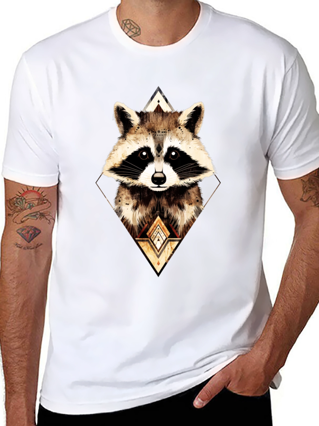 Geometric Raccoon Graphic Tee - Black