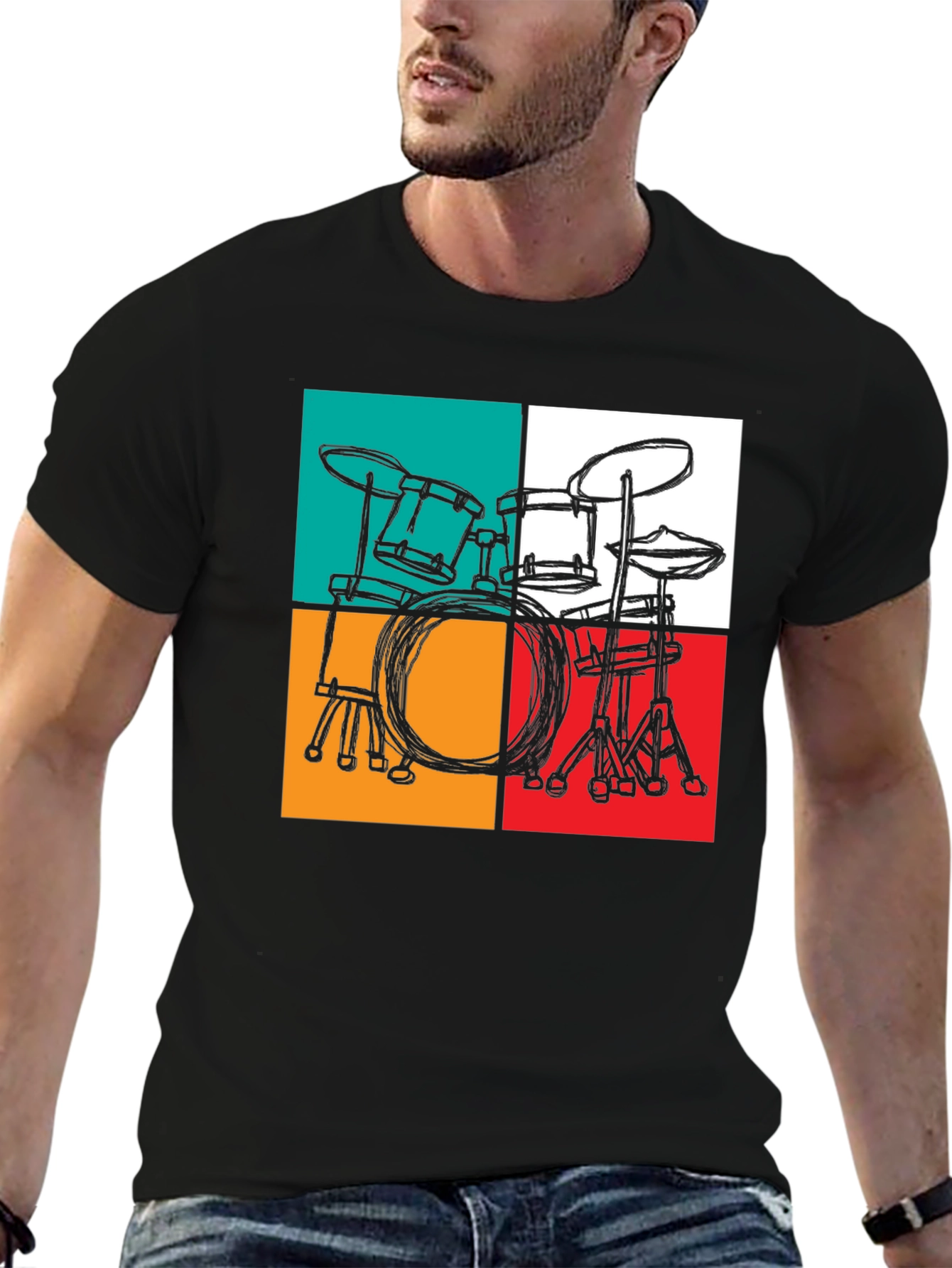 Retro Drum Set Graphic T-Shirt - Black