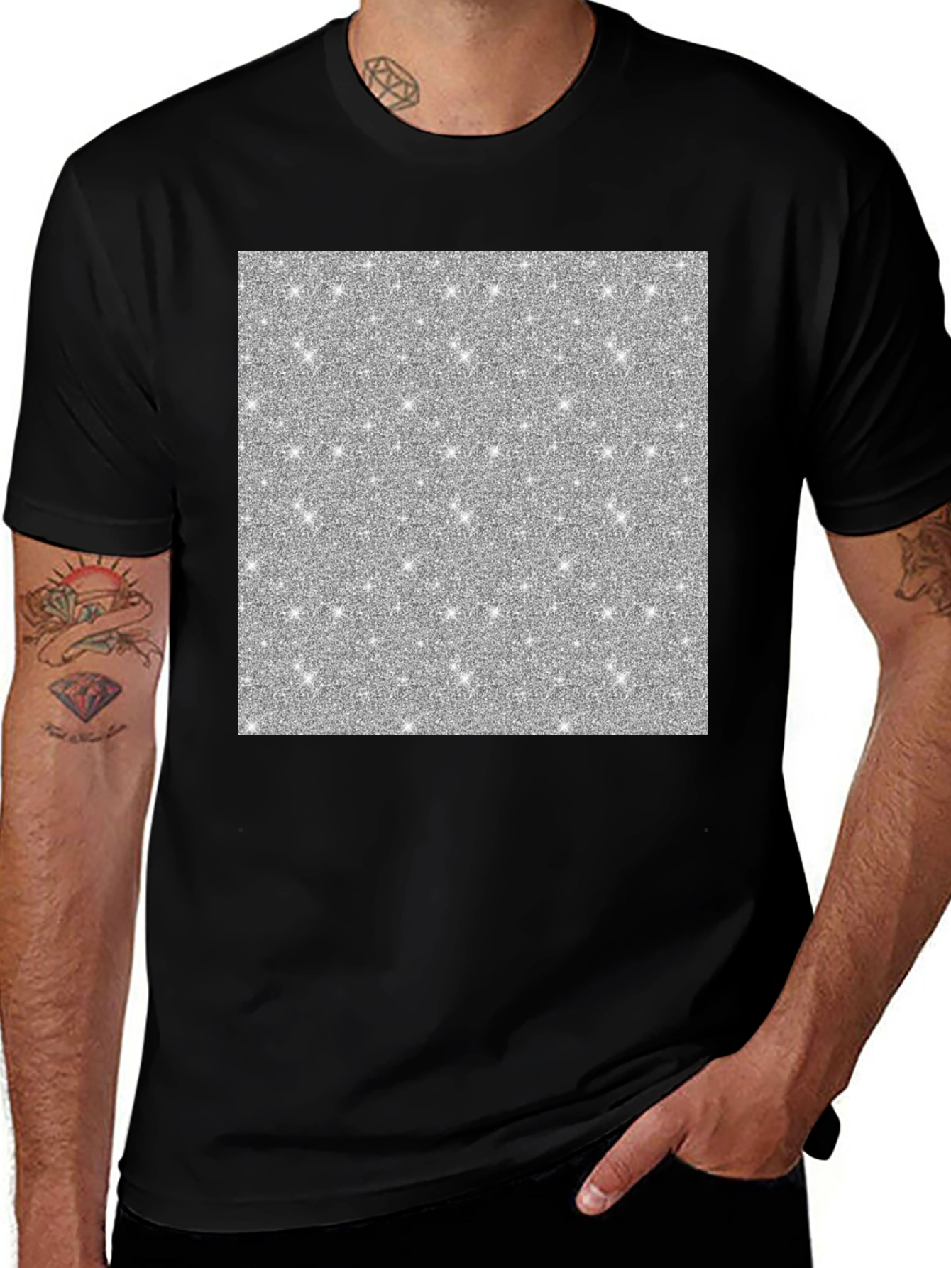 Sparkling Silver Glitter Graphic Black T-Shirt