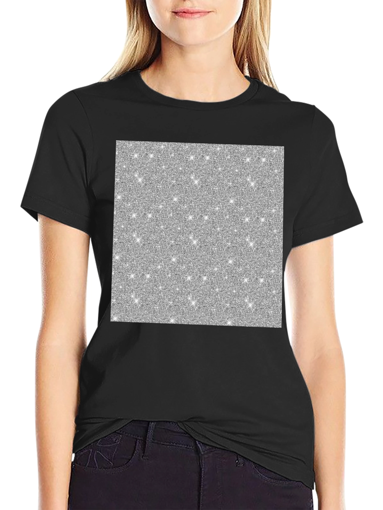 Sparkling Silver Glitter Graphic Black T-Shirt