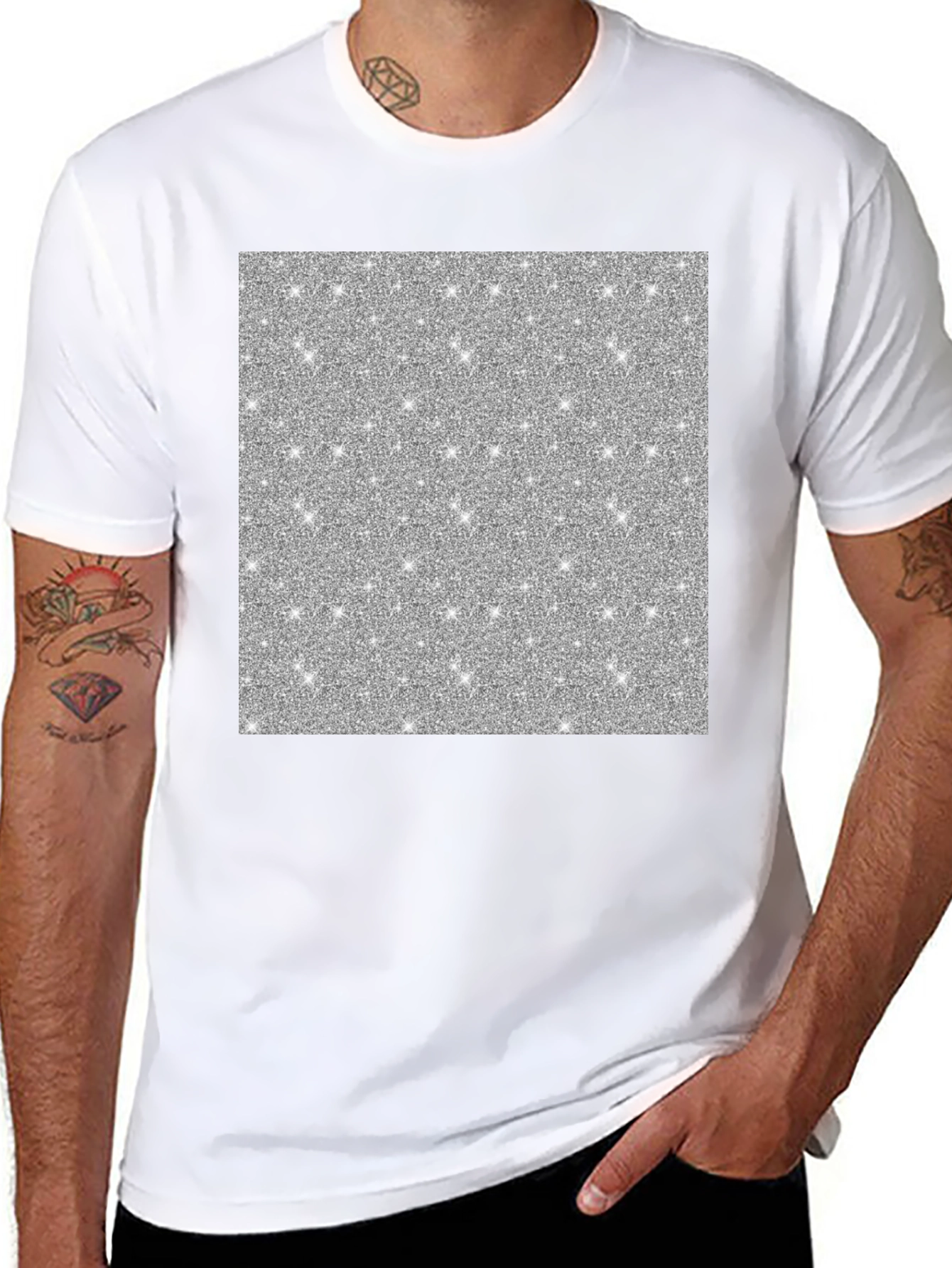 Sparkling Silver Glitter Graphic Black T-Shirt