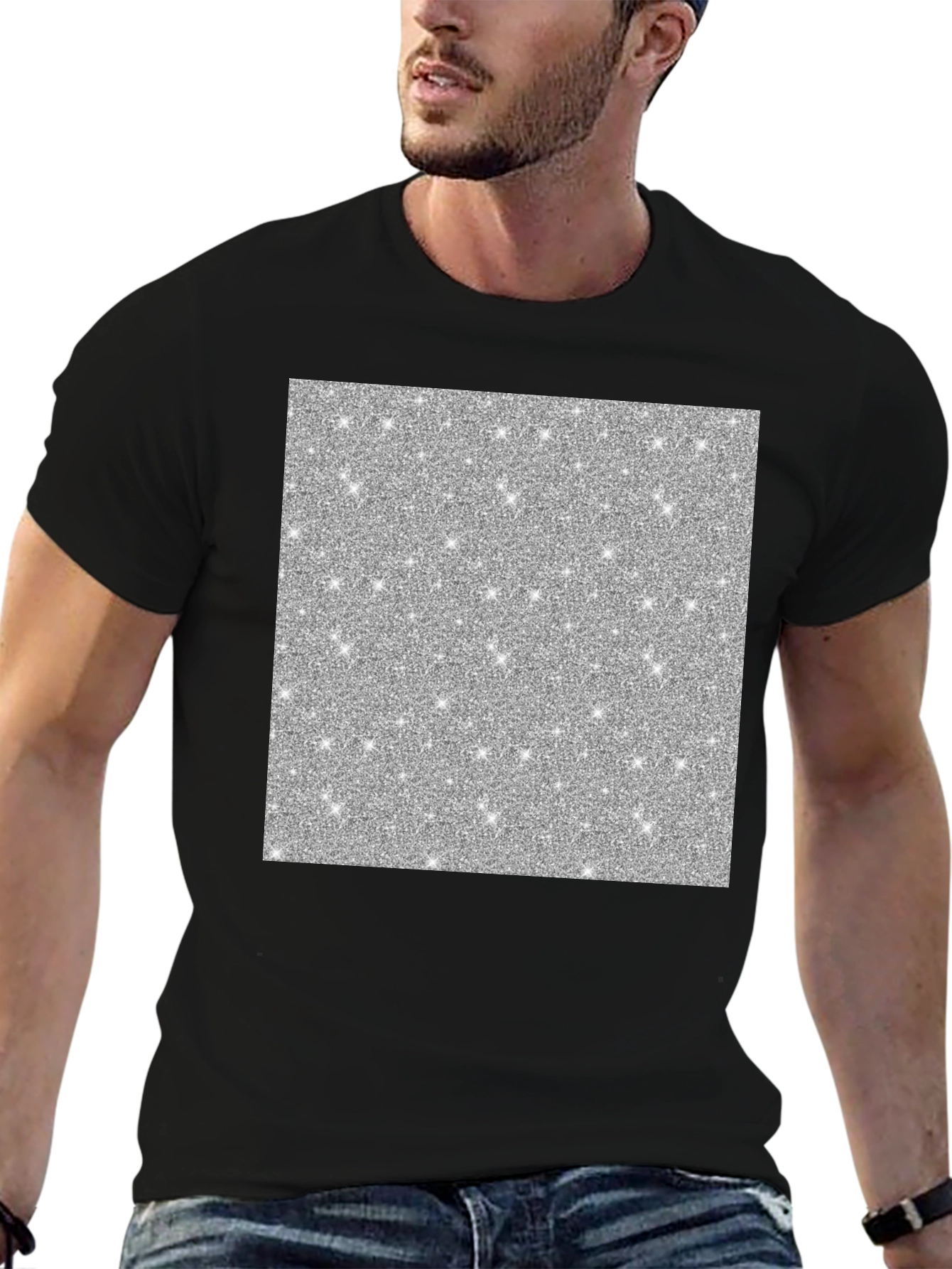 Sparkling Silver Glitter Graphic Black T-Shirt