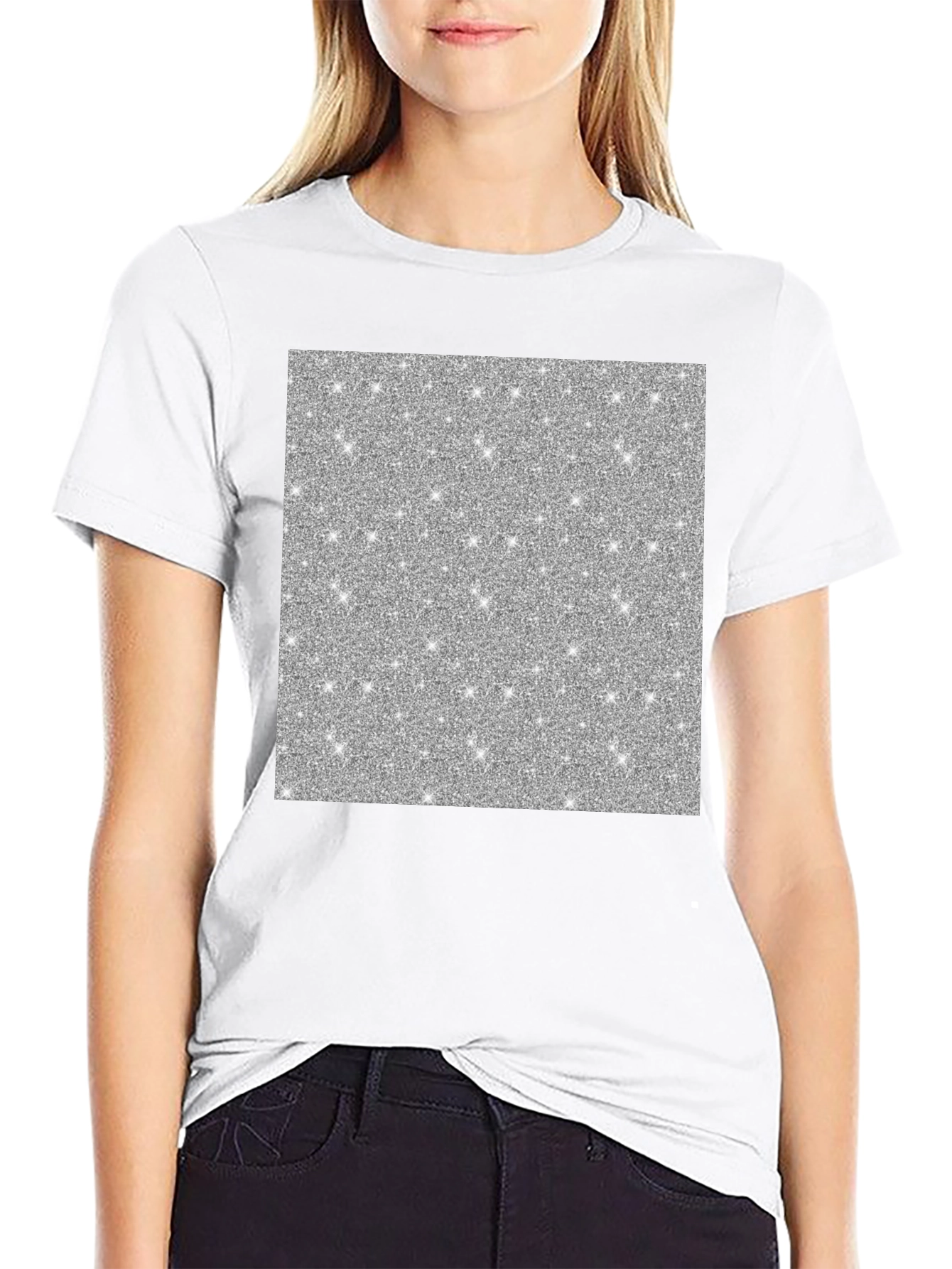 Sparkling Silver Glitter Graphic Black T-Shirt