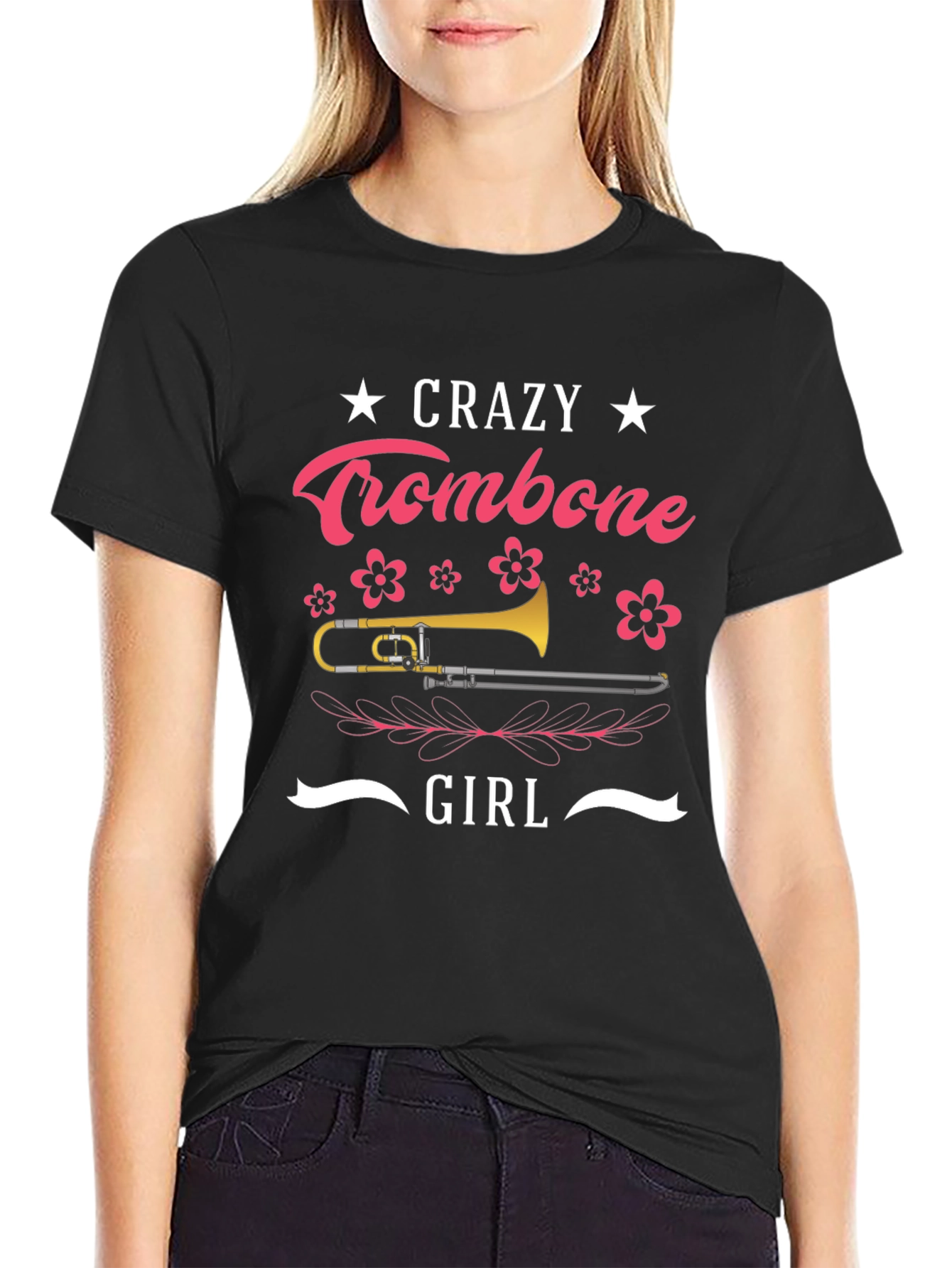Crazy Trombone Girl Black T-Shirt