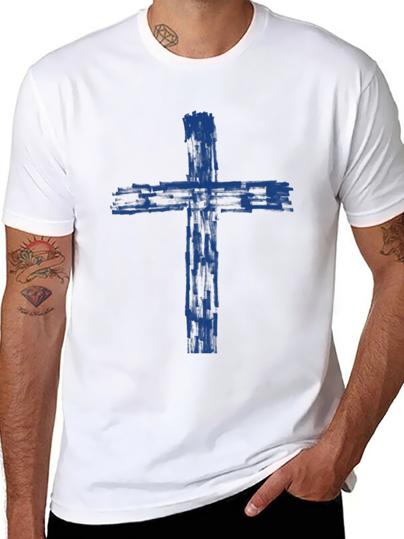 Mens Black T-Shirt with Blue Cross Graphic