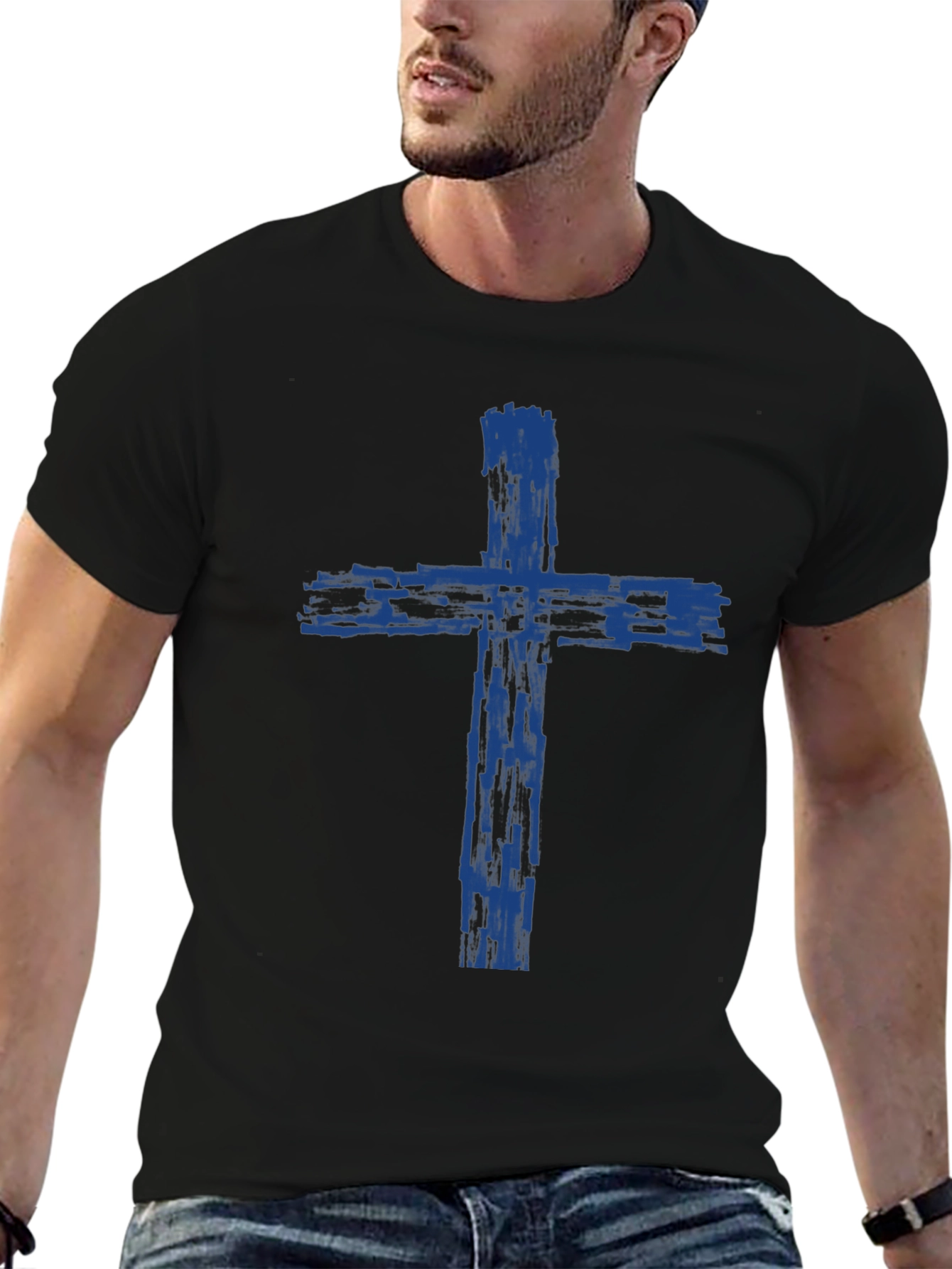 Mens Black T-Shirt with Blue Cross Graphic