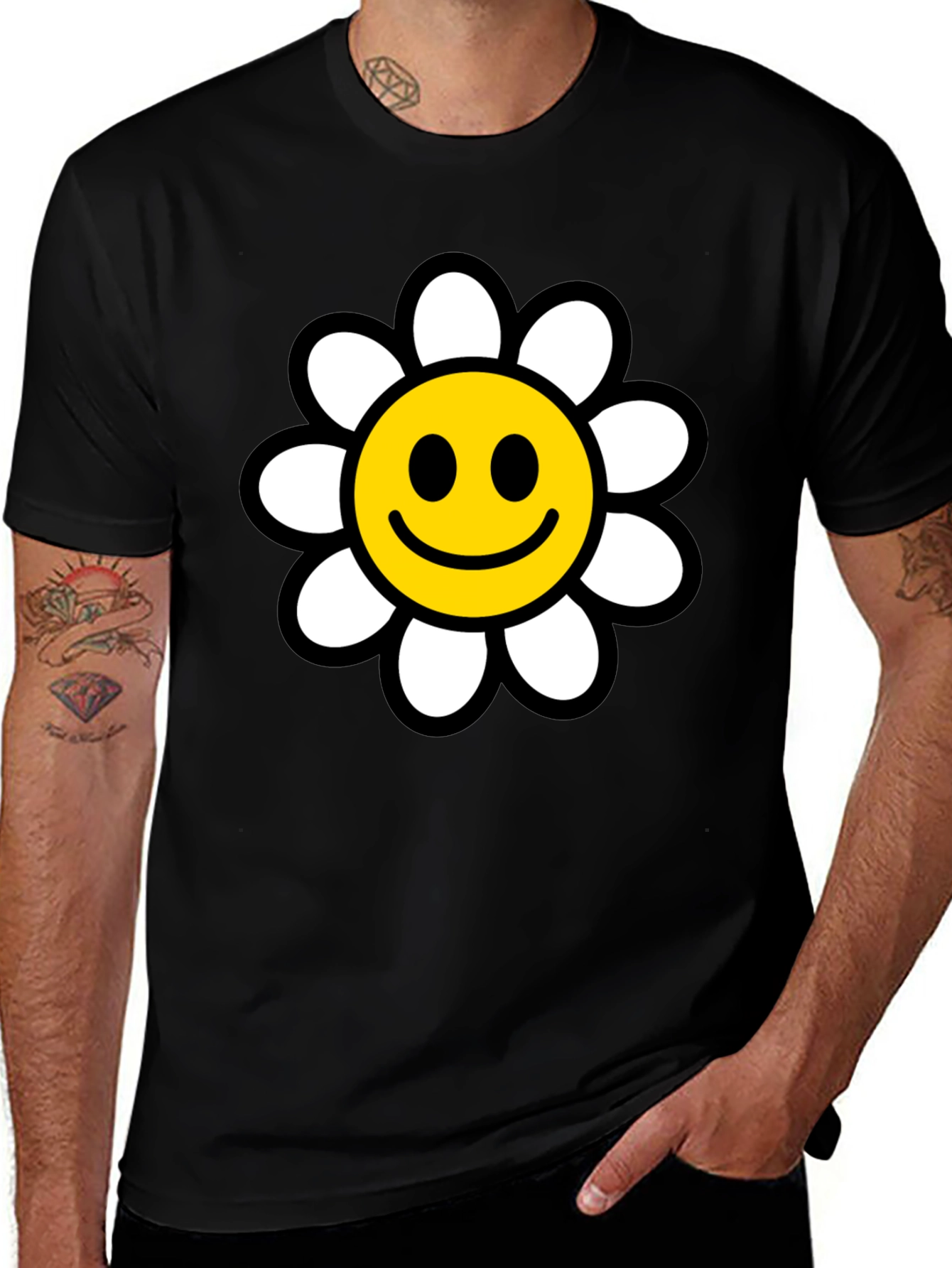 Smiley Face Daisy Graphic T-Shirt - Black