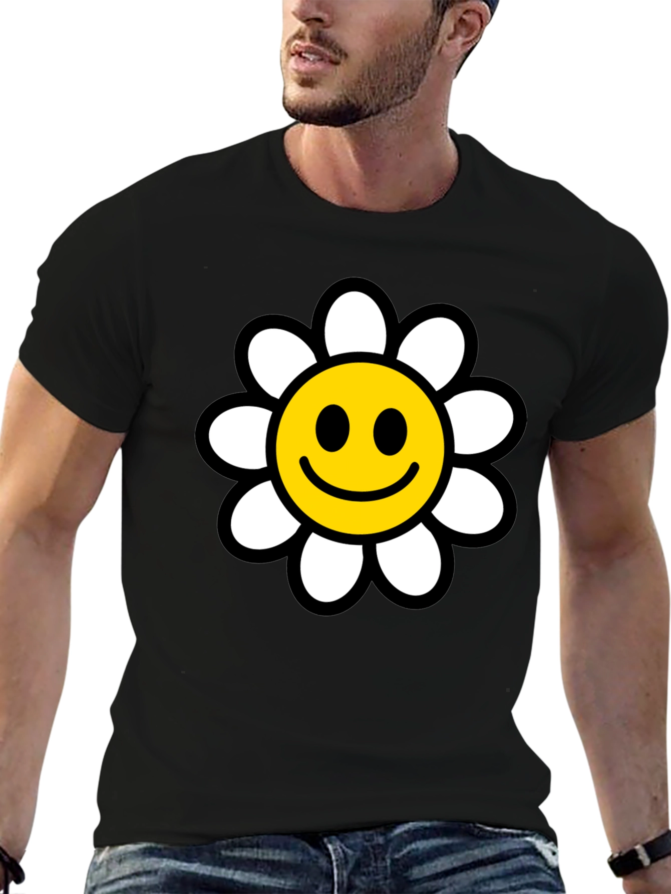 Smiley Face Daisy Graphic T-Shirt - Black