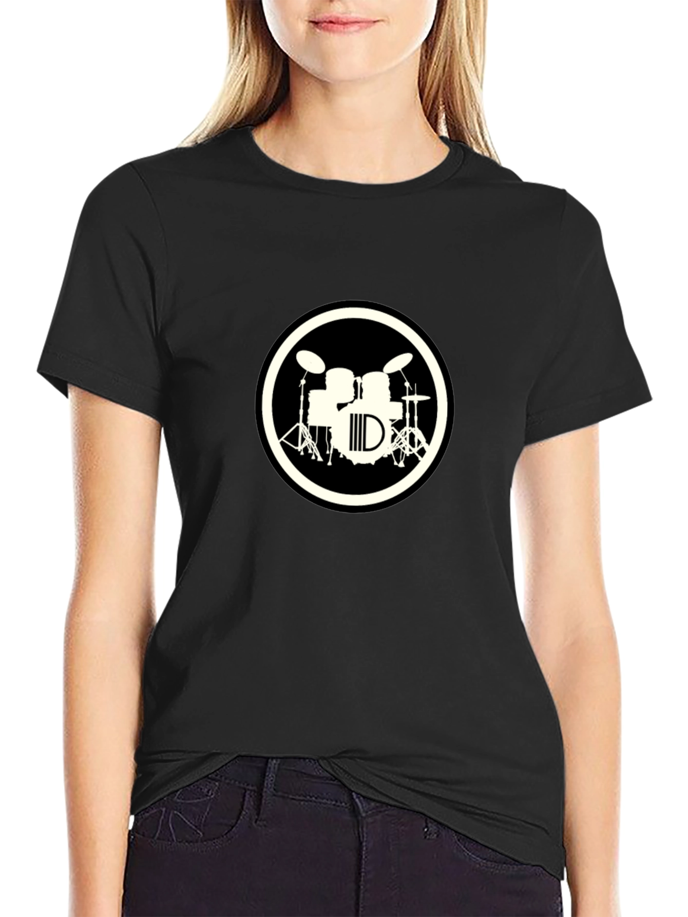 Drum Set Graphic Tee - Black Crew Neck T-Shirt
