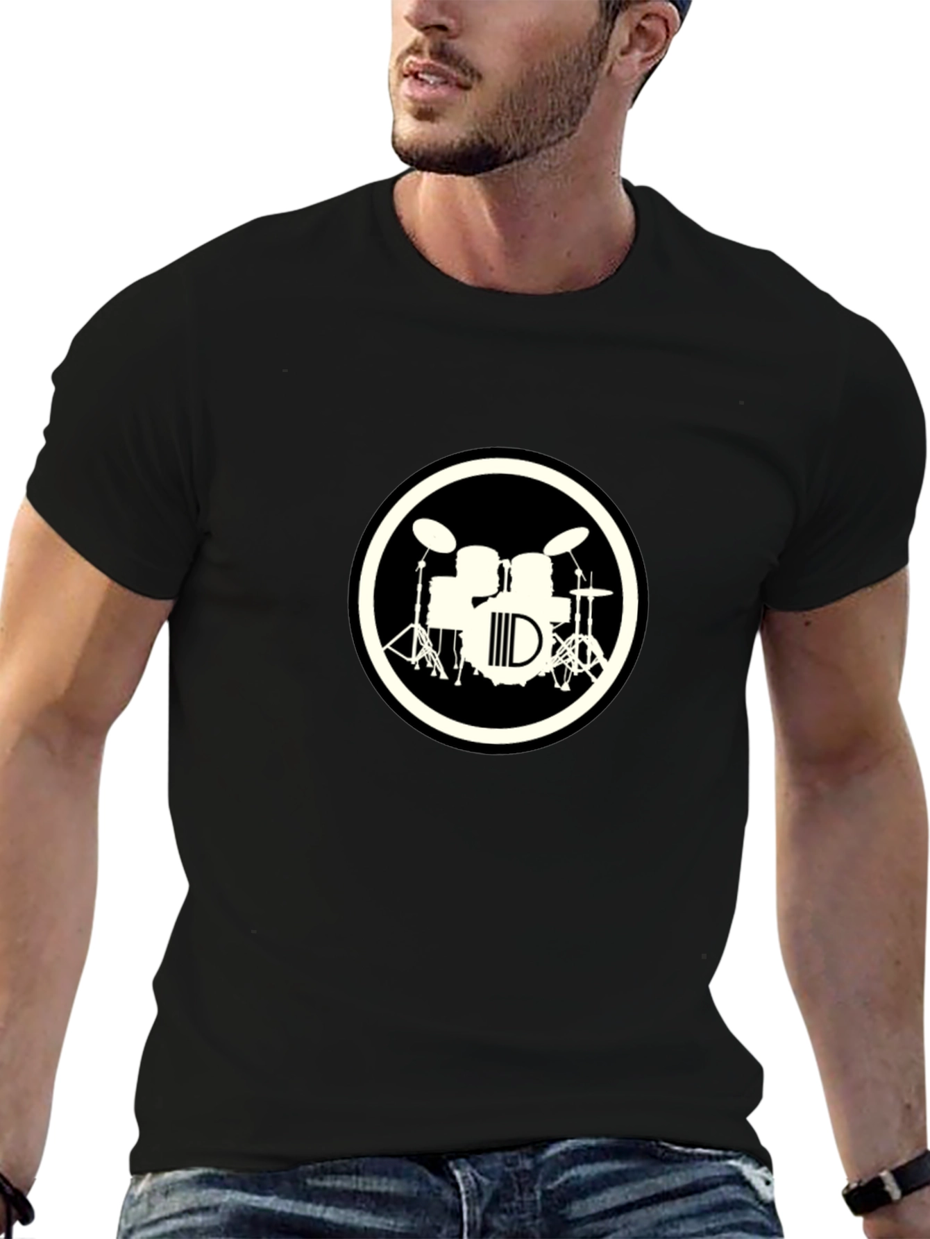 Drum Set Graphic Tee - Black Crew Neck T-Shirt