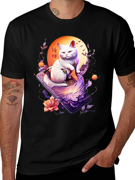 Mystical Cat T-Shirt - Japanese Art Style