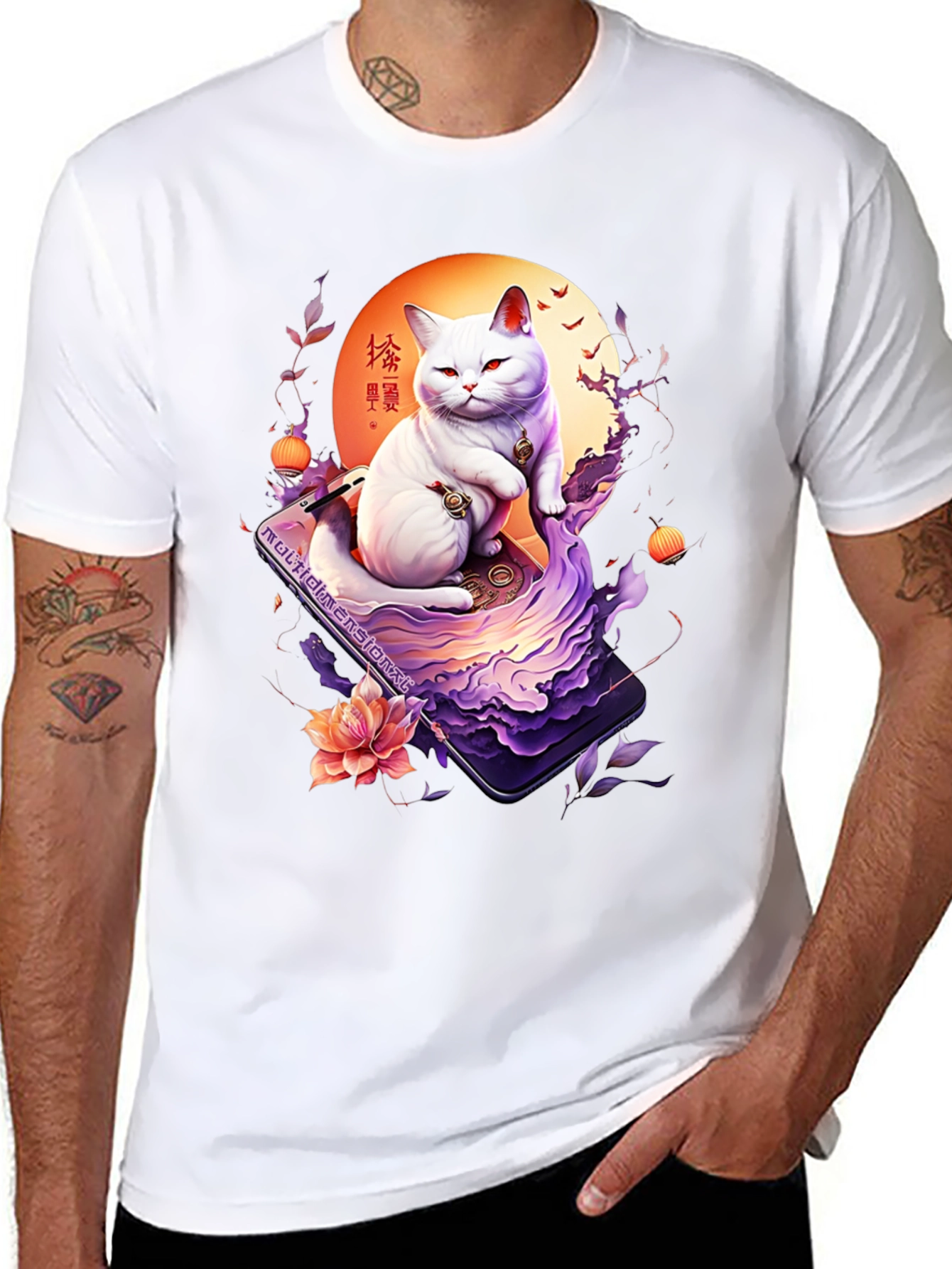 Mystical Cat T-Shirt - Japanese Art Style