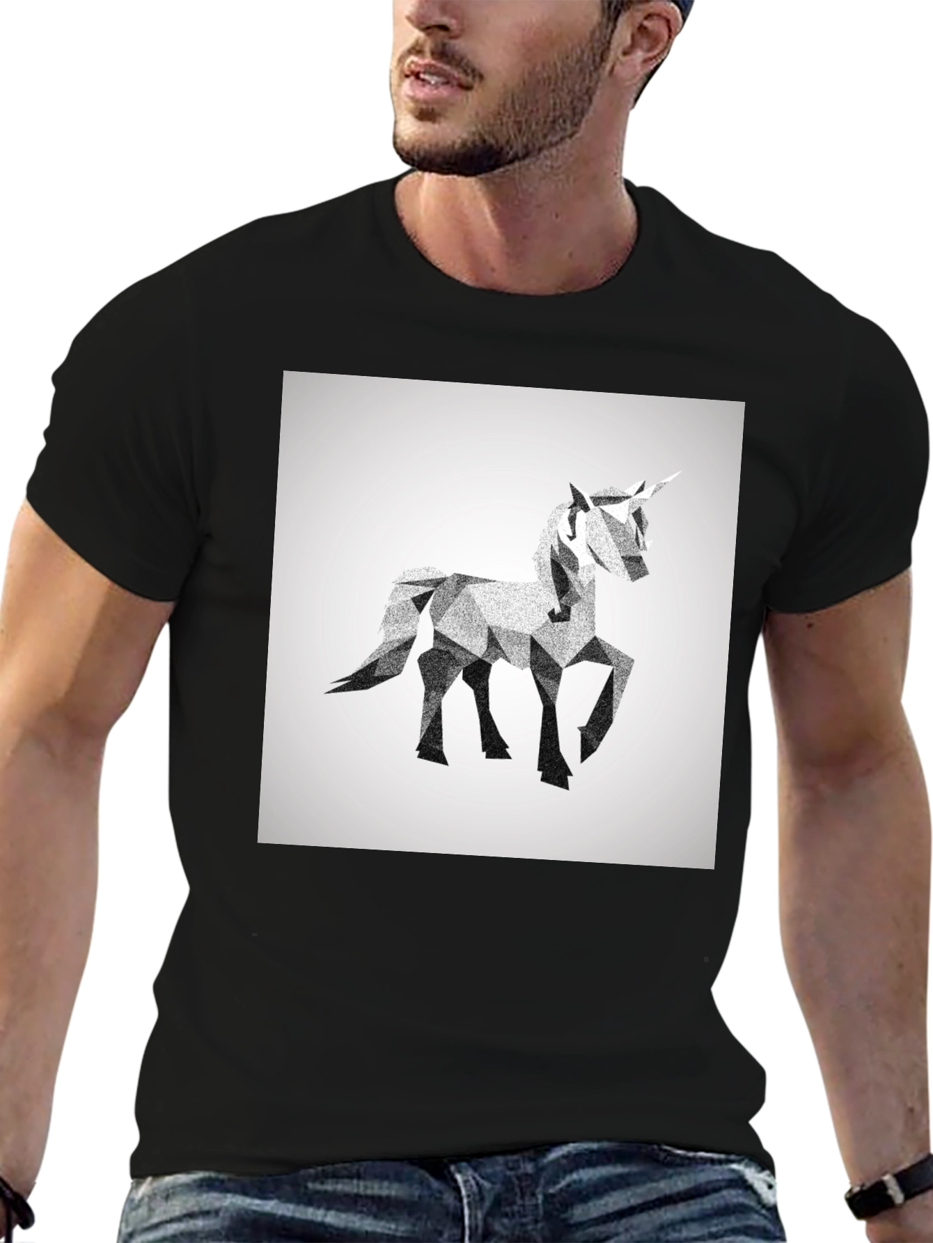 Geometric Unicorn Graphic Tee - Black